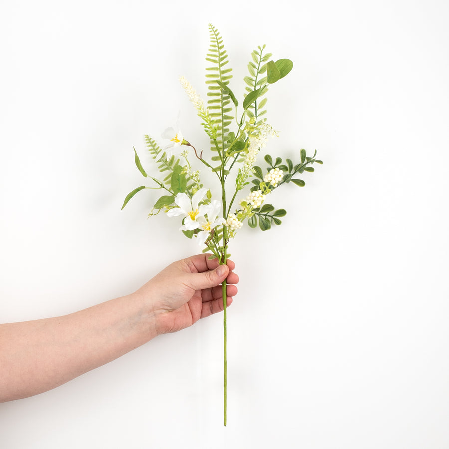 20" Fabric Flower, Berry Cluster, Fern Spray: White detail photo 3