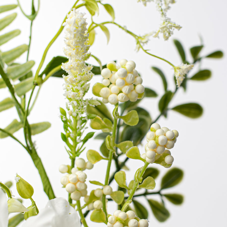 20" Fabric Flower, Berry Cluster, Fern Spray: White detail photo 4