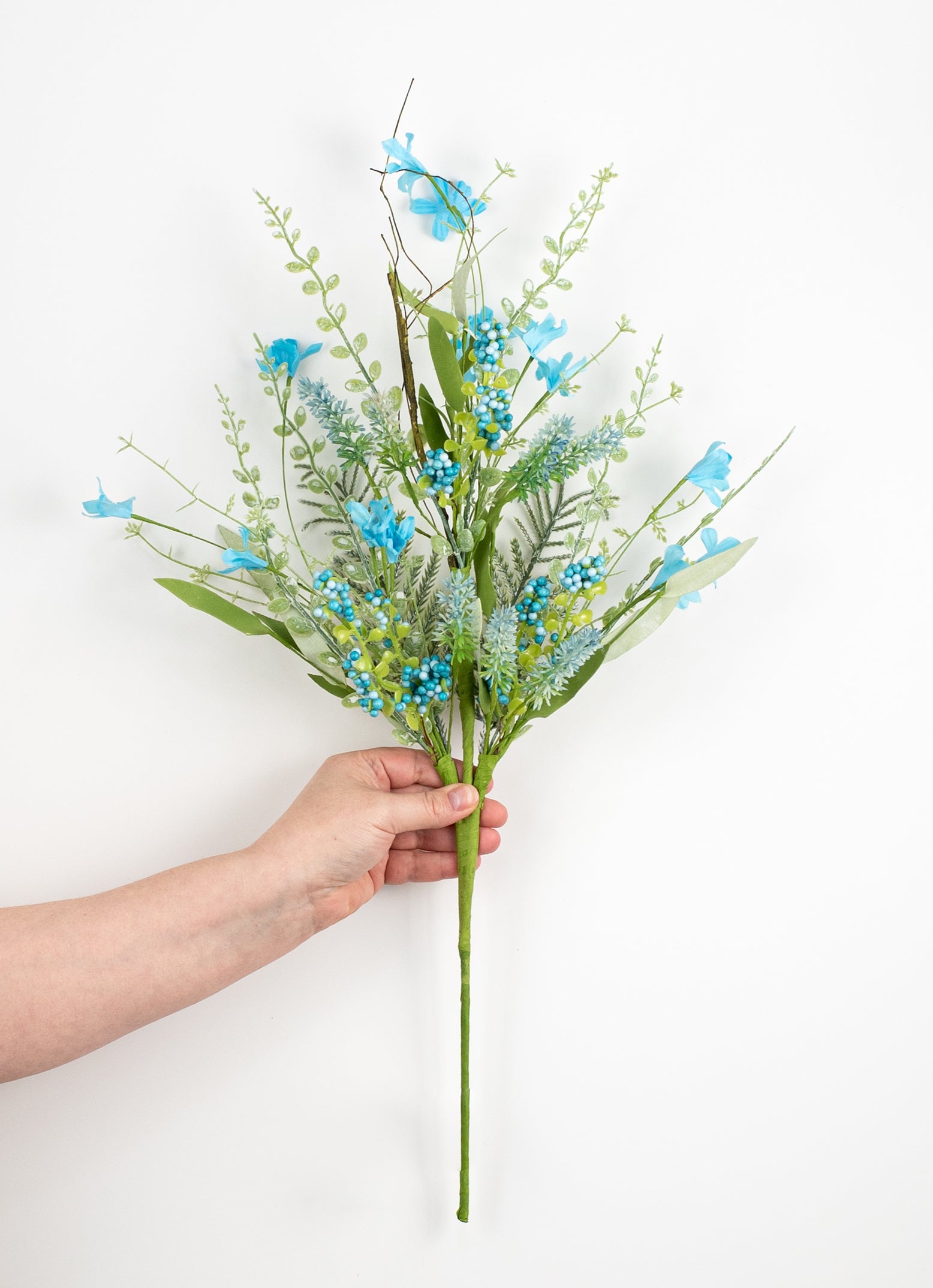 24" Fabric Flower, Leaf, Berry Spray: Aqua Blue detail photo 3