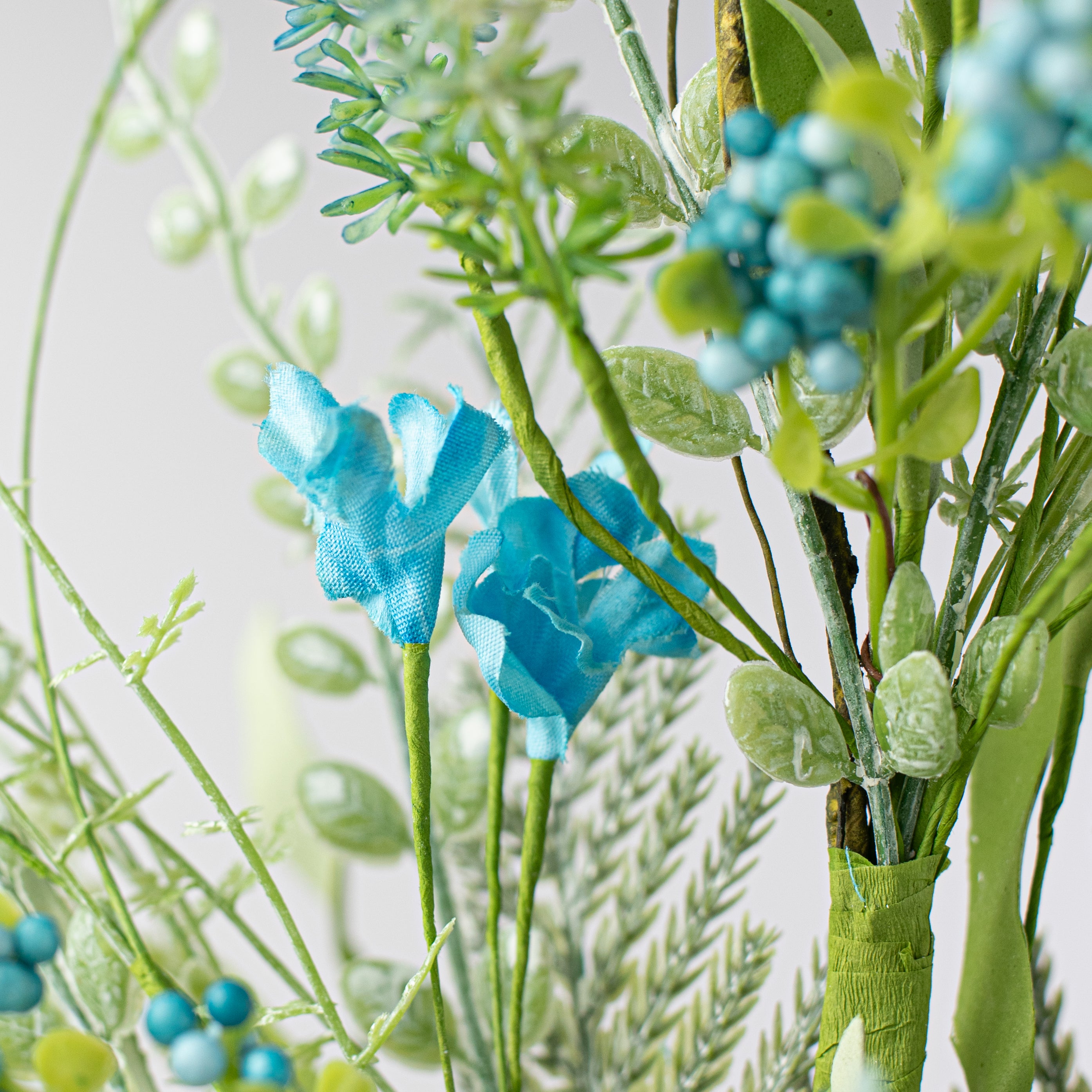 24" Fabric Flower, Leaf, Berry Spray: Aqua Blue detail photo 4