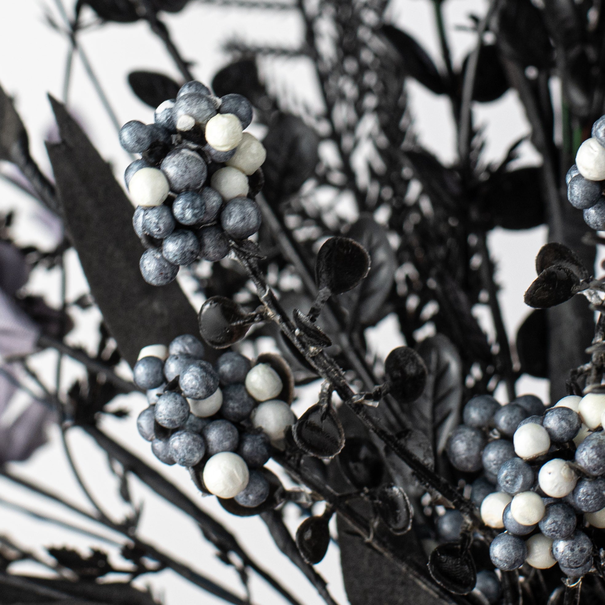 24" Fabric Flower, Leaf, Berry Spray: Black & Grey detail photo 4