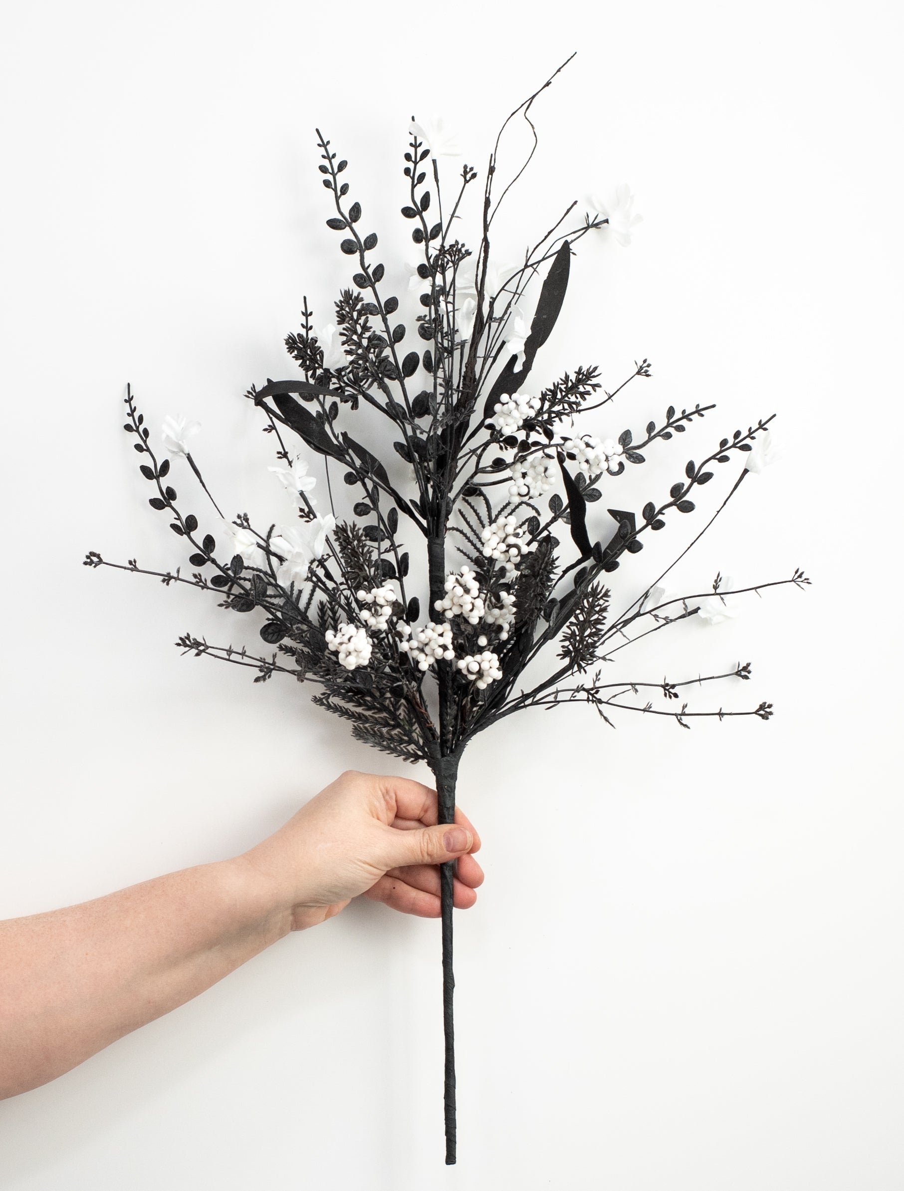 24" Fabric Flower, Leaf, Berry Spray: Black & White detail photo 3