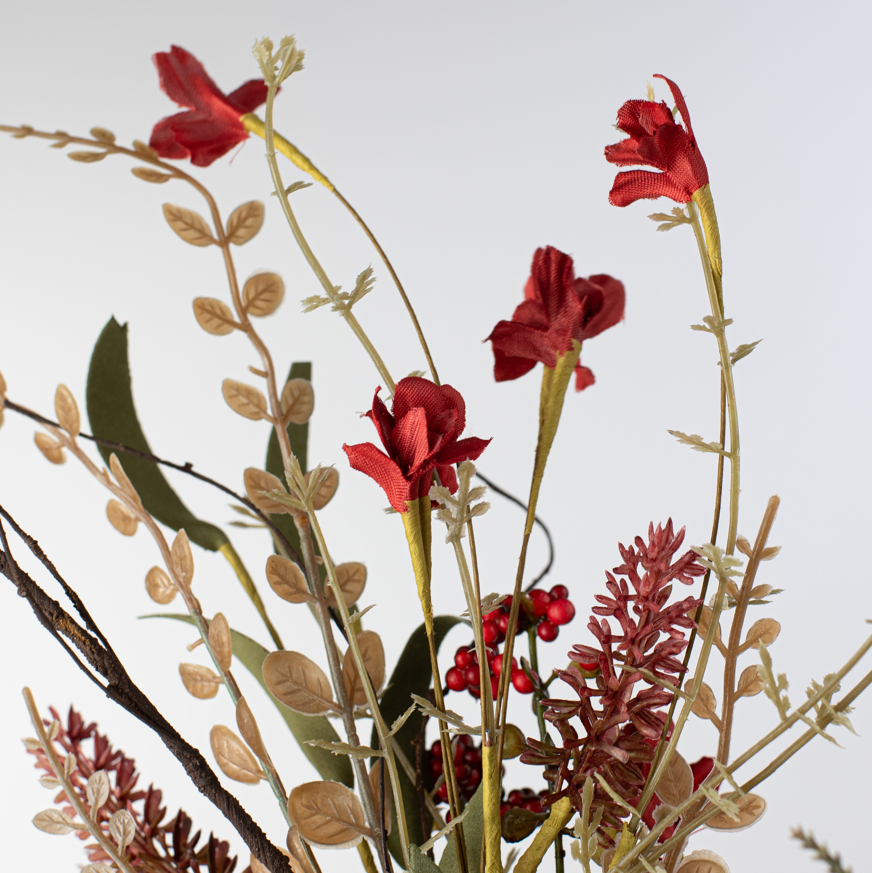 24" Fabric Flower, Leaf, Berry Spray: Cranberry Red Lifestyle Photo