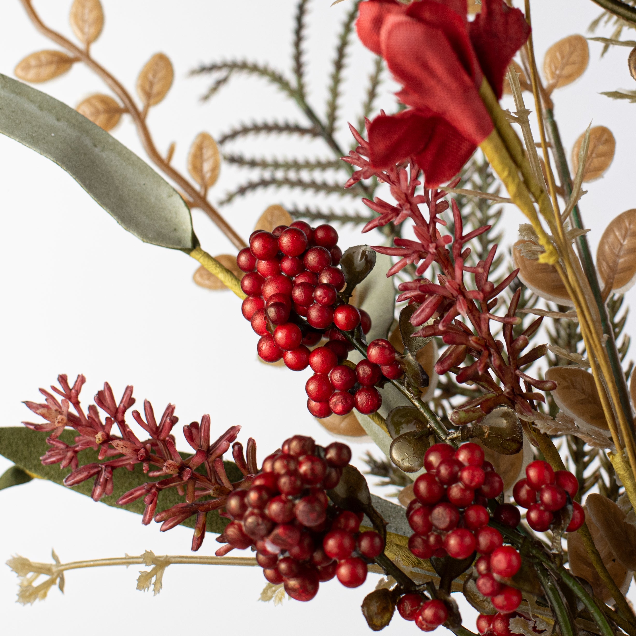 24" Fabric Flower, Leaf, Berry Spray: Cranberry Red detail photo 4