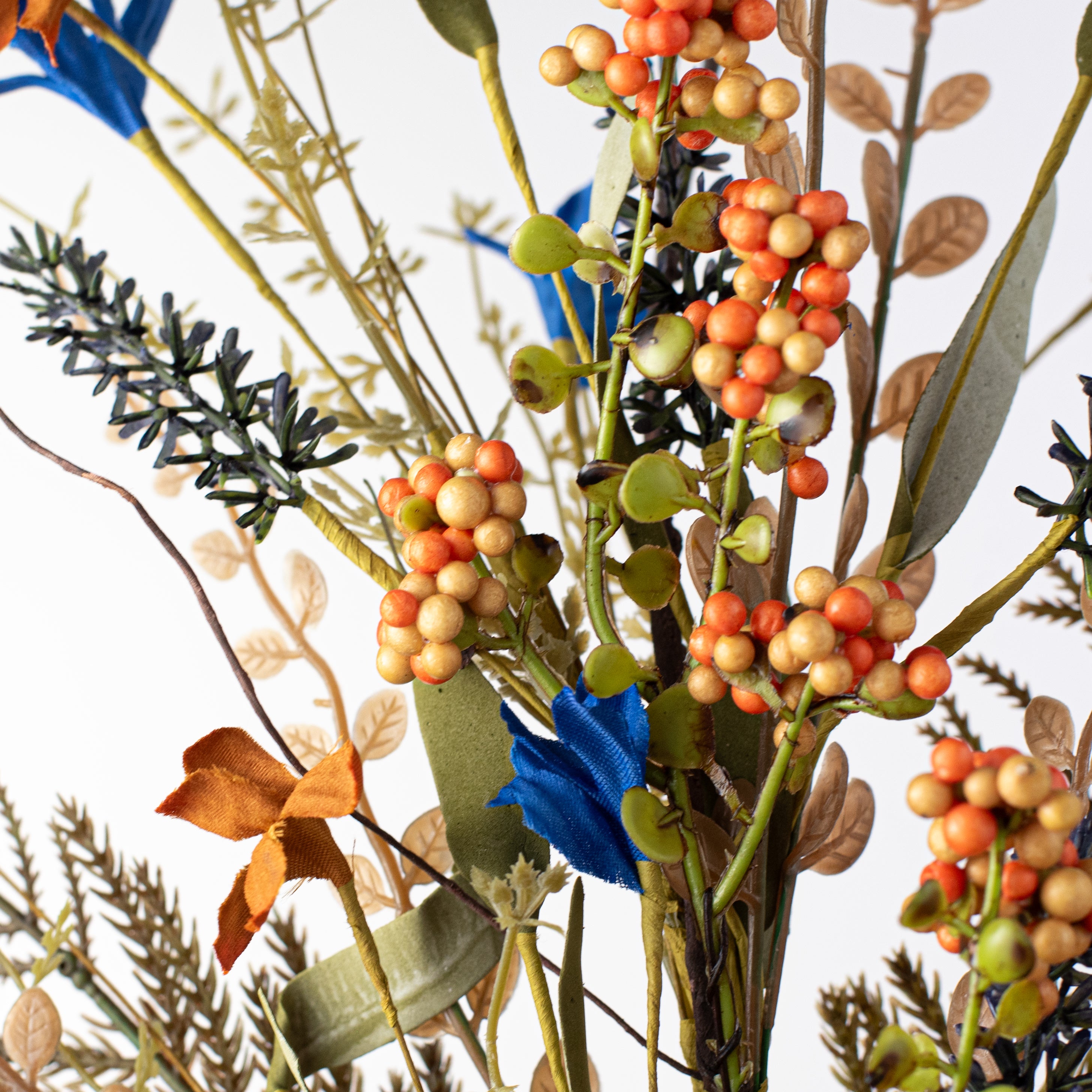 24" Fabric Flower, Leaf, Berry Spray: Navy Blue & Rust Orange Lifestyle Photo