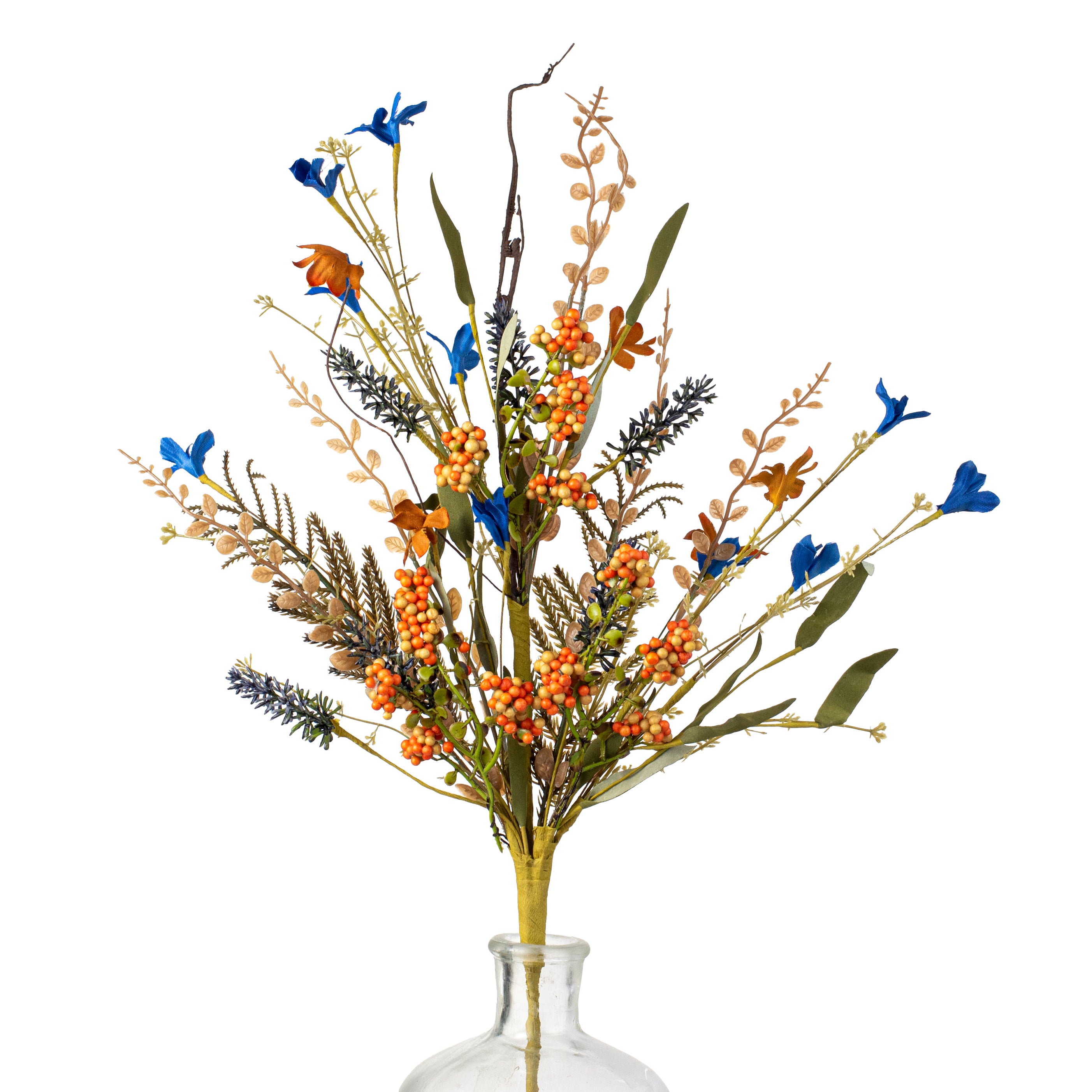 24" Fabric Flower, Leaf, Berry Spray: Navy Blue & Rust Orange Item Number: FH807163