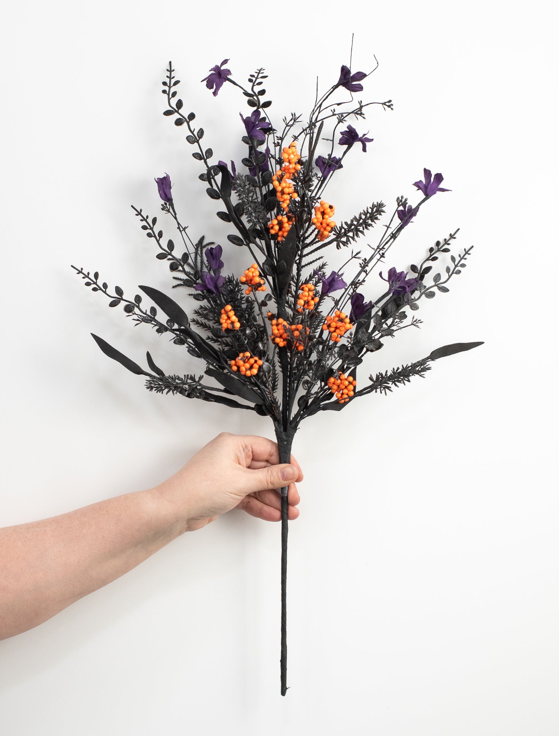 24" Fabric Flower, Leaf, Berry Spray: Purple, Orange & Black detail photo 3