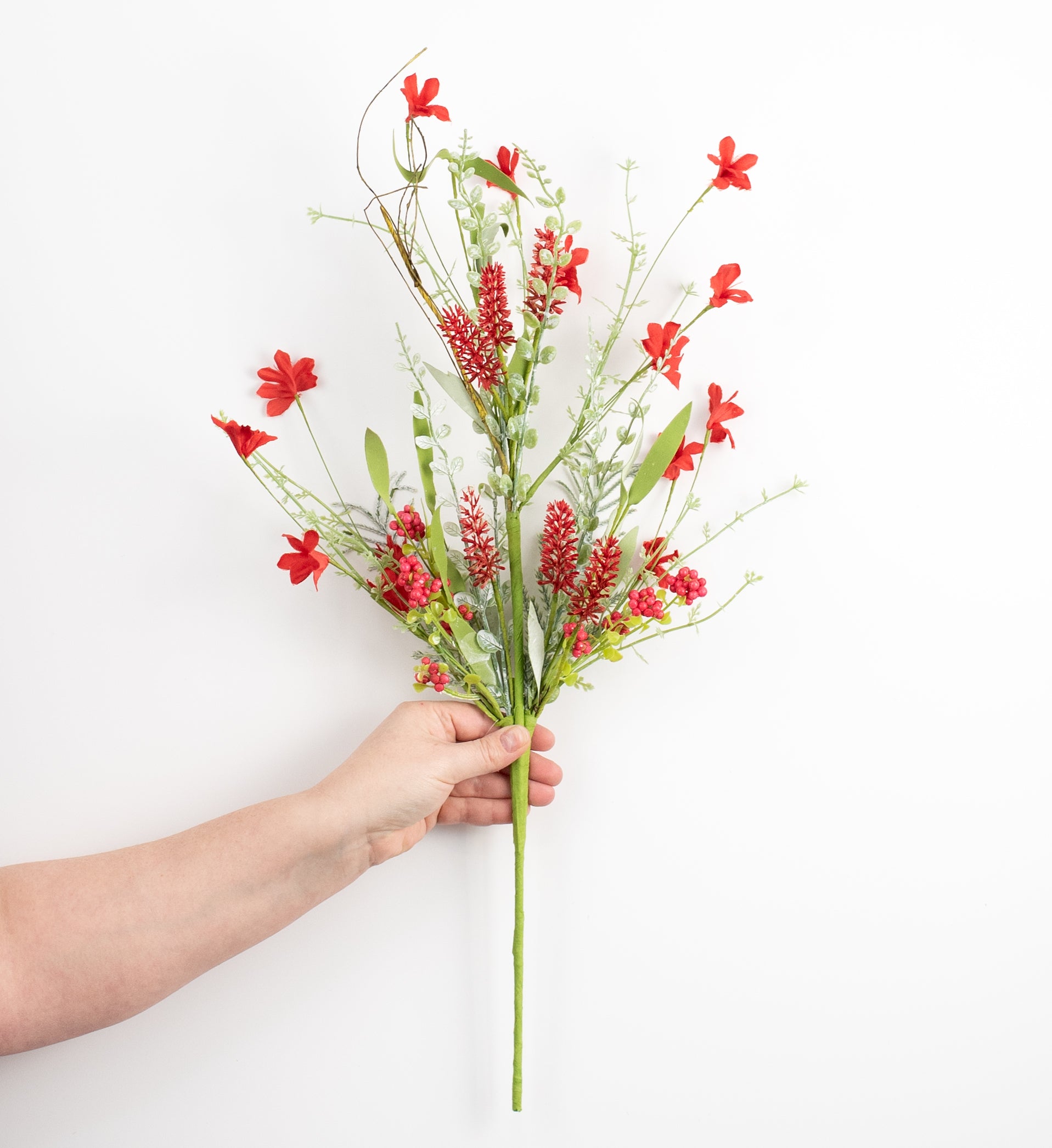 24" Fabric Flower, Leaf, Berry Spray: Red detail photo 3
