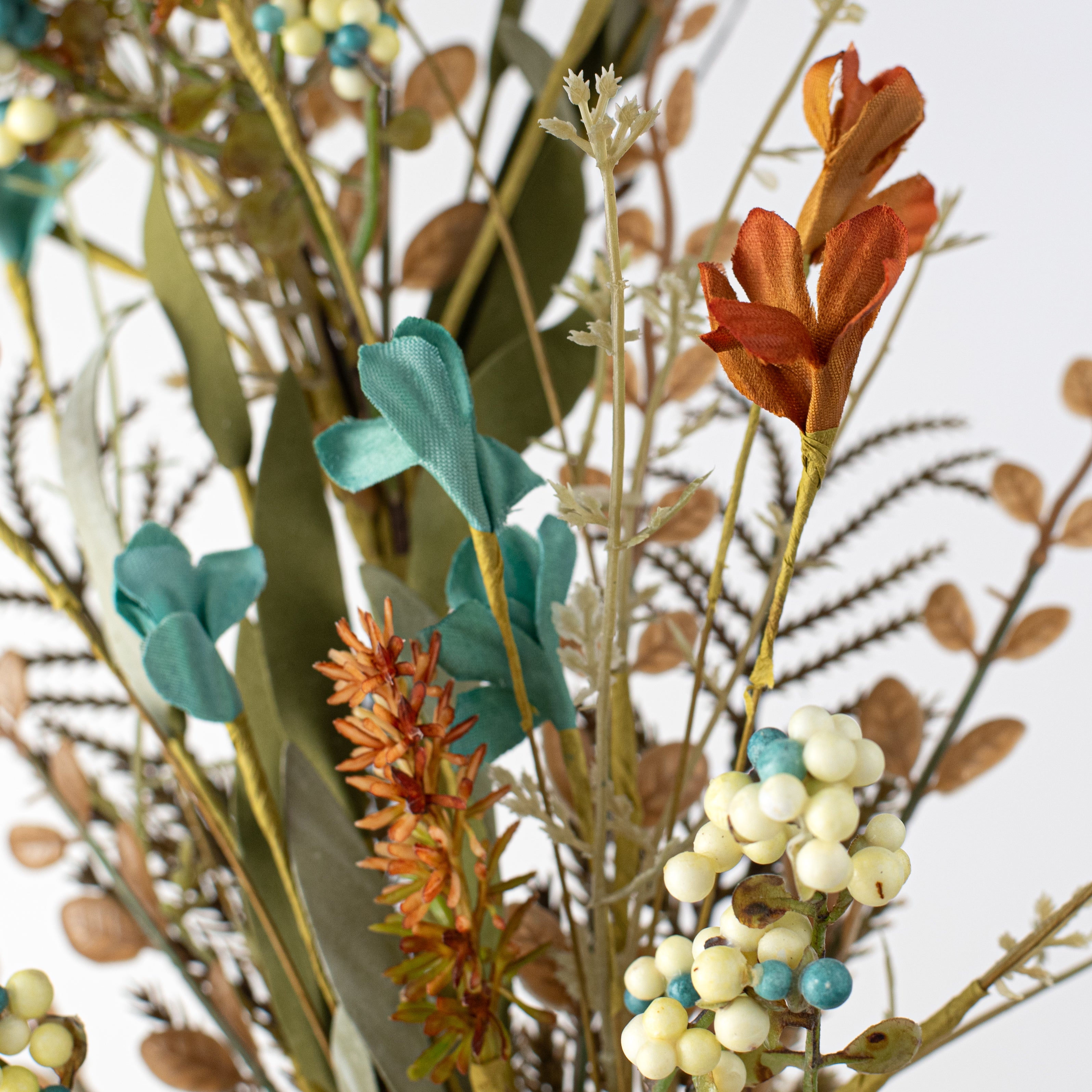 24" Fabric Flower, Leaf, Berry Spray: Teal Blue & Rust Orange Lifestyle Photo