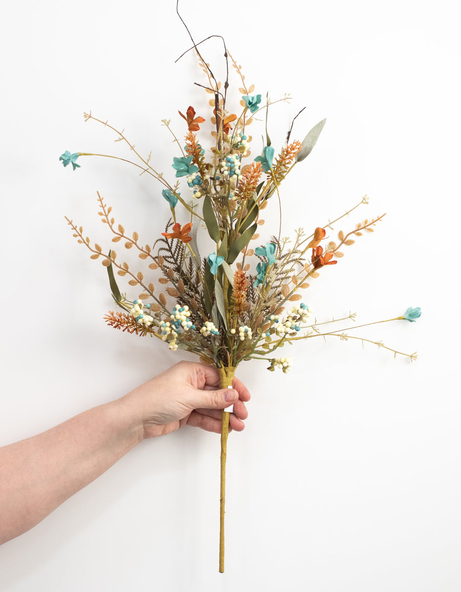 24" Fabric Flower, Leaf, Berry Spray: Teal Blue & Rust Orange detail photo 3
