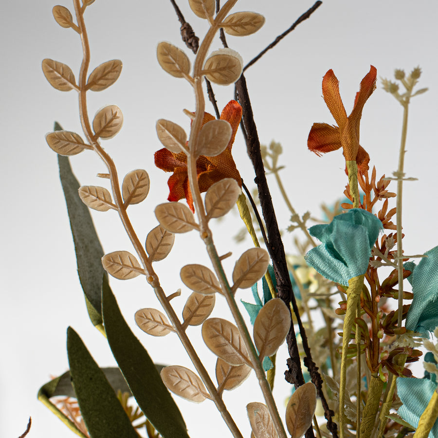 24" Fabric Flower, Leaf, Berry Spray: Teal Blue & Rust Orange detail photo 4