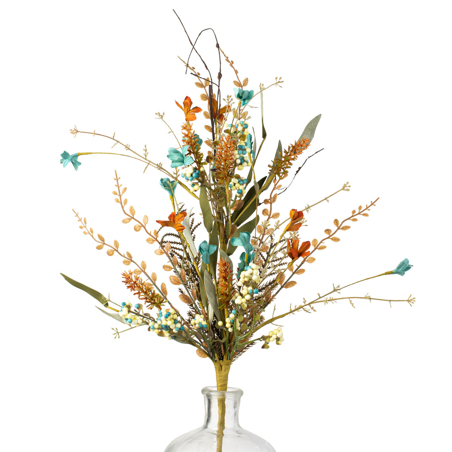 24" Fabric Flower, Leaf, Berry Spray: Teal Blue & Rust Orange Item Number: FH807164