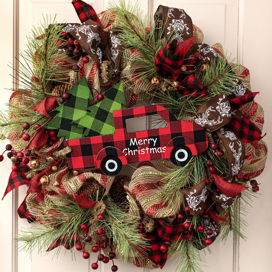 14.5" Fabric Plaid Truck With Tree Ornament Lifestyle Photo