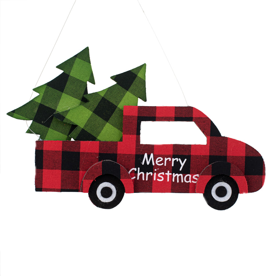 14.5" Fabric Plaid Truck With Tree Ornament Item Number: 84762RDBKGN