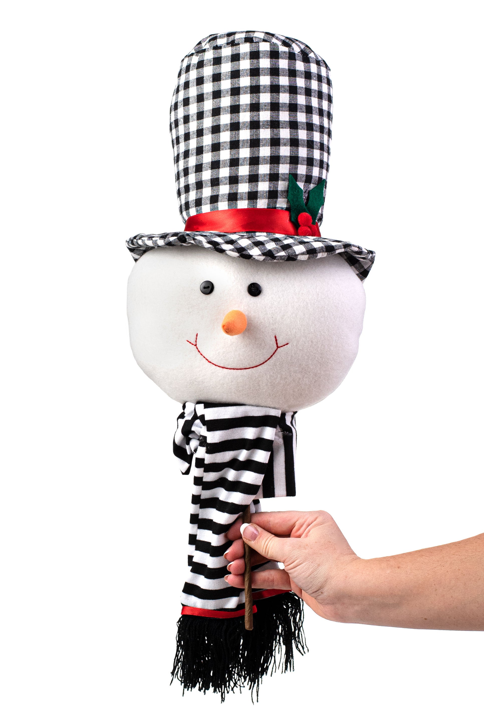 23" Fabric Snowman Head Pick: Black, White, Red, Green detail photo 3