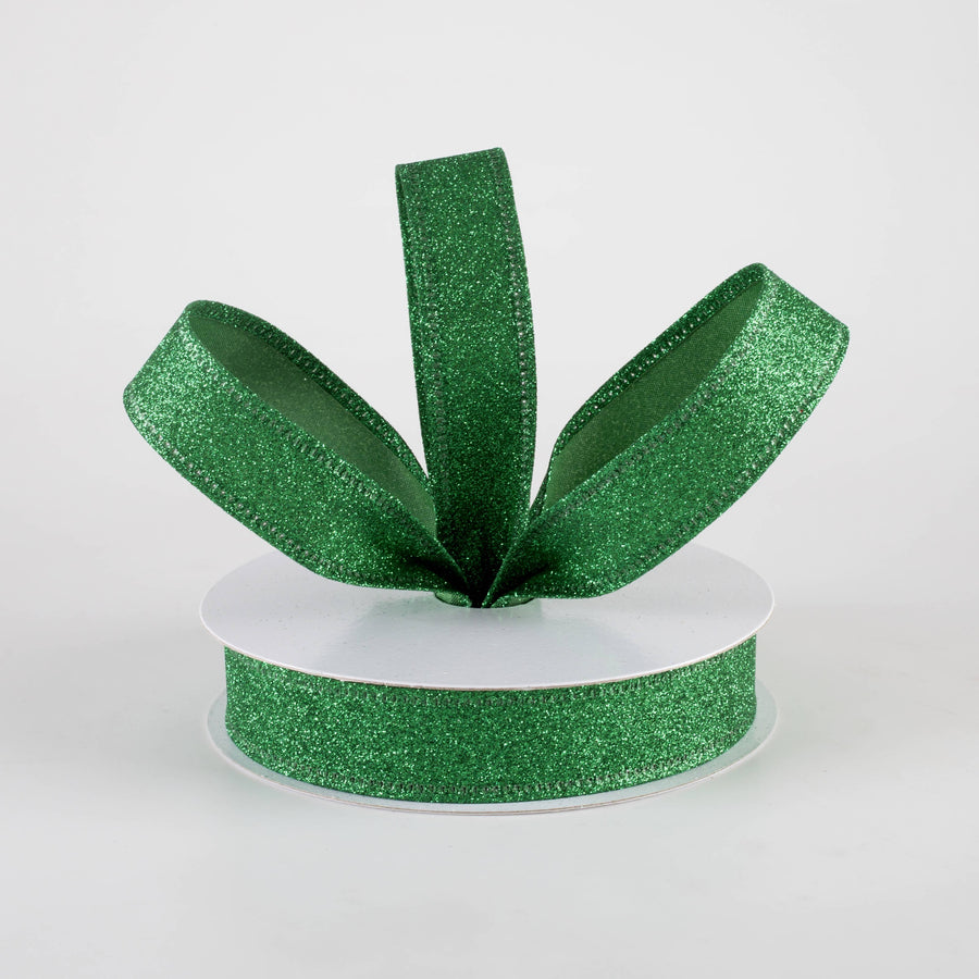 7/8" All Flat Glitter Wired Ribbon: Emerald Green (10 Yards)