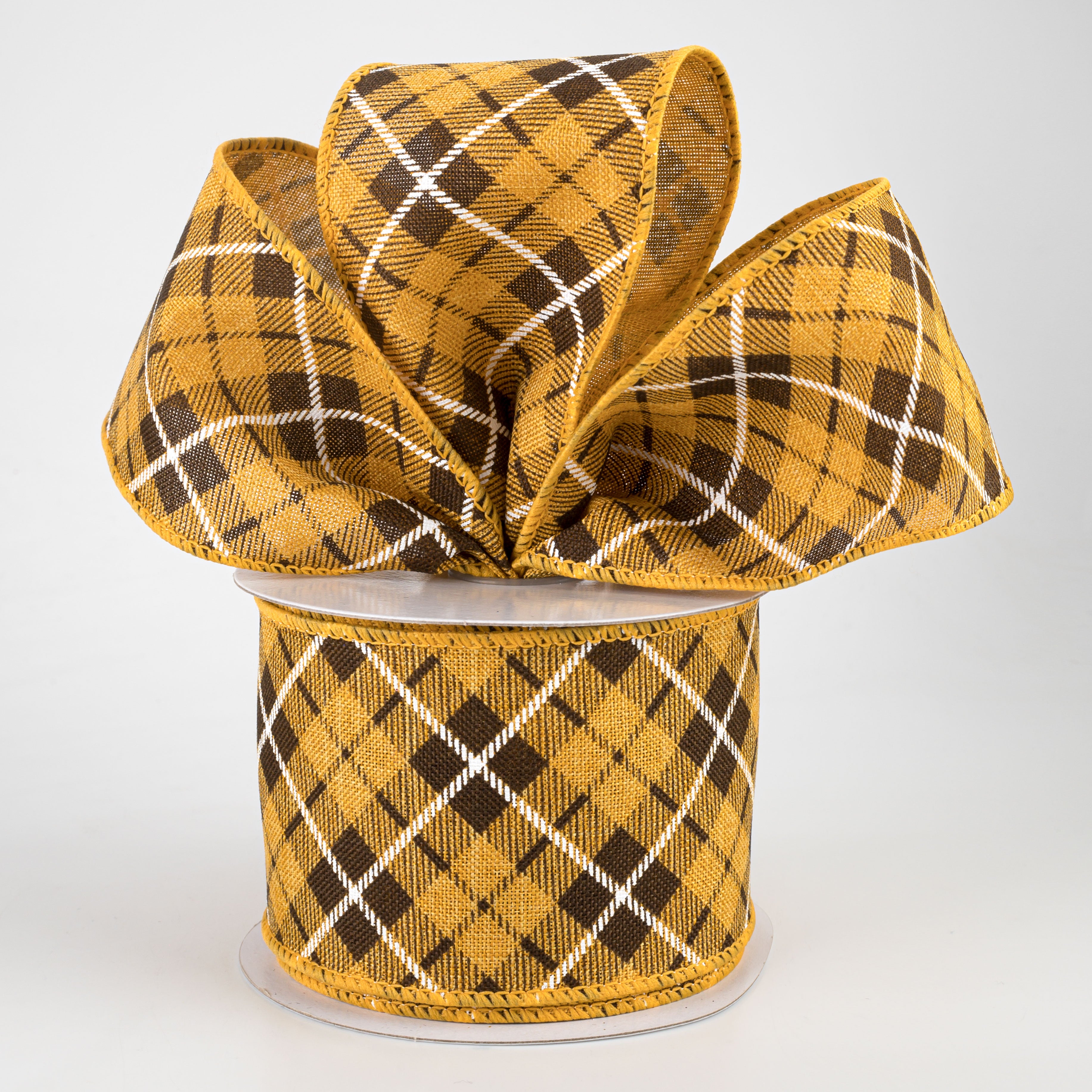 2.5" Fall Argyle Plaid Ribbon: Yellow & Brown (10 Yards) Lifestyle Photo