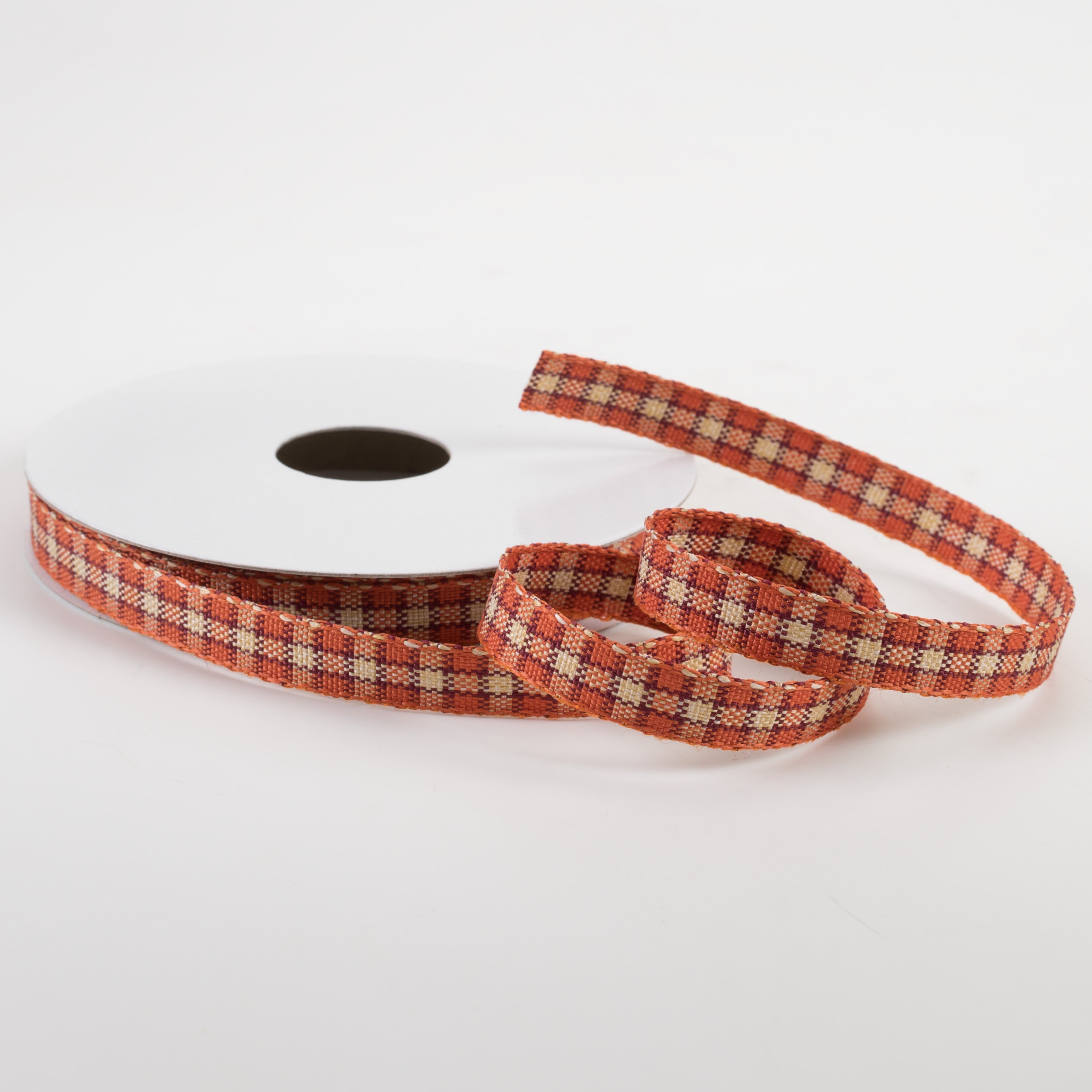 3/8" Fall Checks Plaid Ribbon: Orange, Natural, Red (10 Yards) Lifestyle Photo