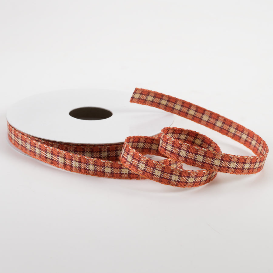 3/8" Fall Checks Plaid Ribbon: Orange, Natural, Red (10 Yards) Lifestyle Photo