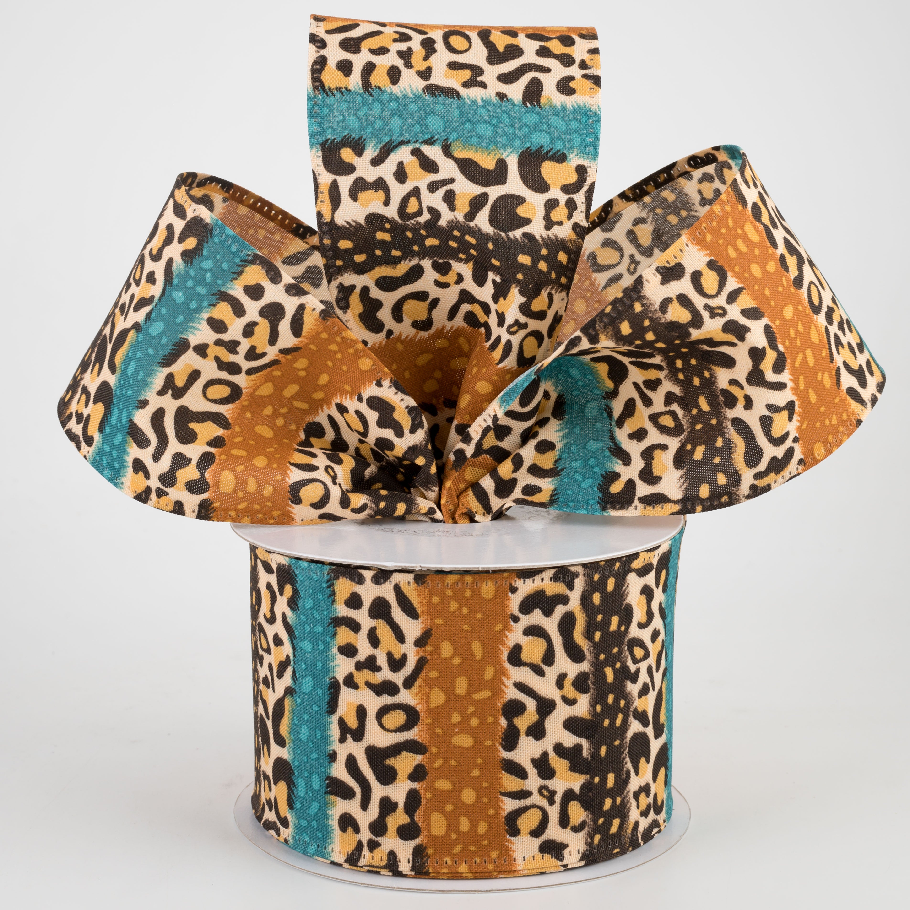 2.5" Fall Cheetah Stripes Ribbon: Teal, Brown (10 Yards) Lifestyle Photo