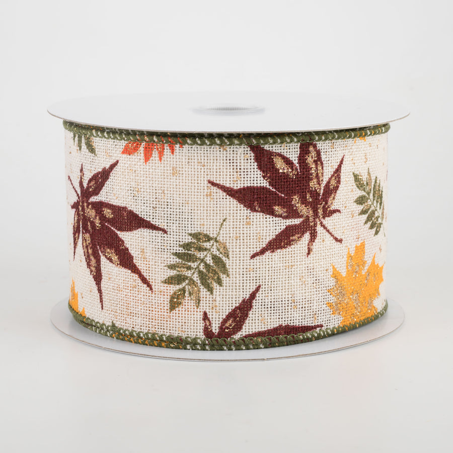 2.5" Fall Fern & Leaves Ribbon: Moss, Burgundy, Yellow (10 Yards)