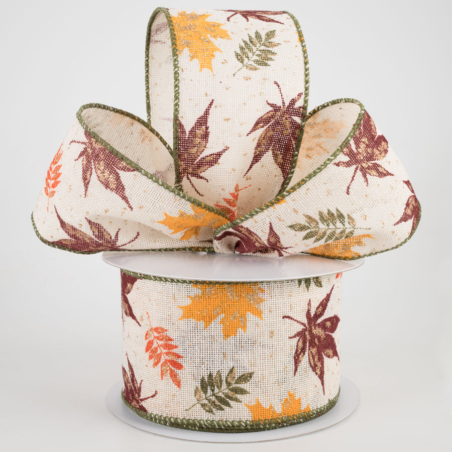 2.5" Fall Fern & Leaves Ribbon: Moss, Burgundy, Yellow (10 Yards) Lifestyle Photo