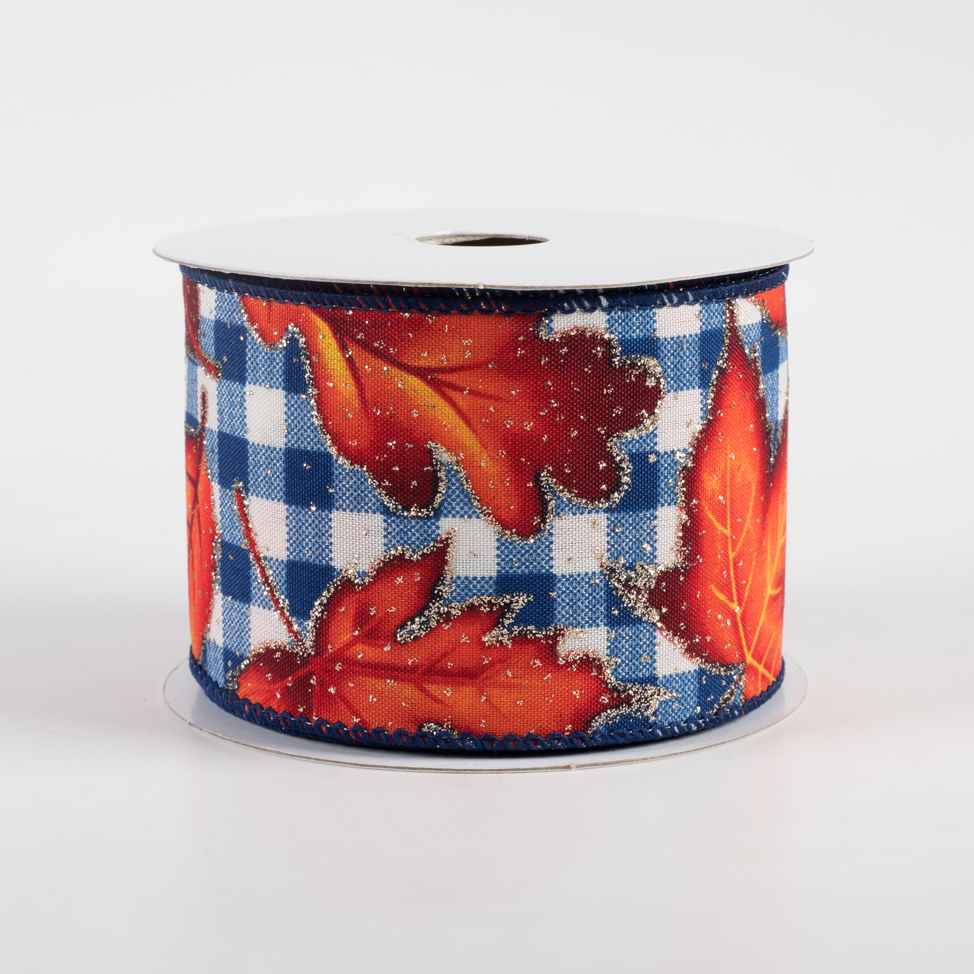 2.5" Fall Leaves on Blue Checks Ribbon (10 Yards)