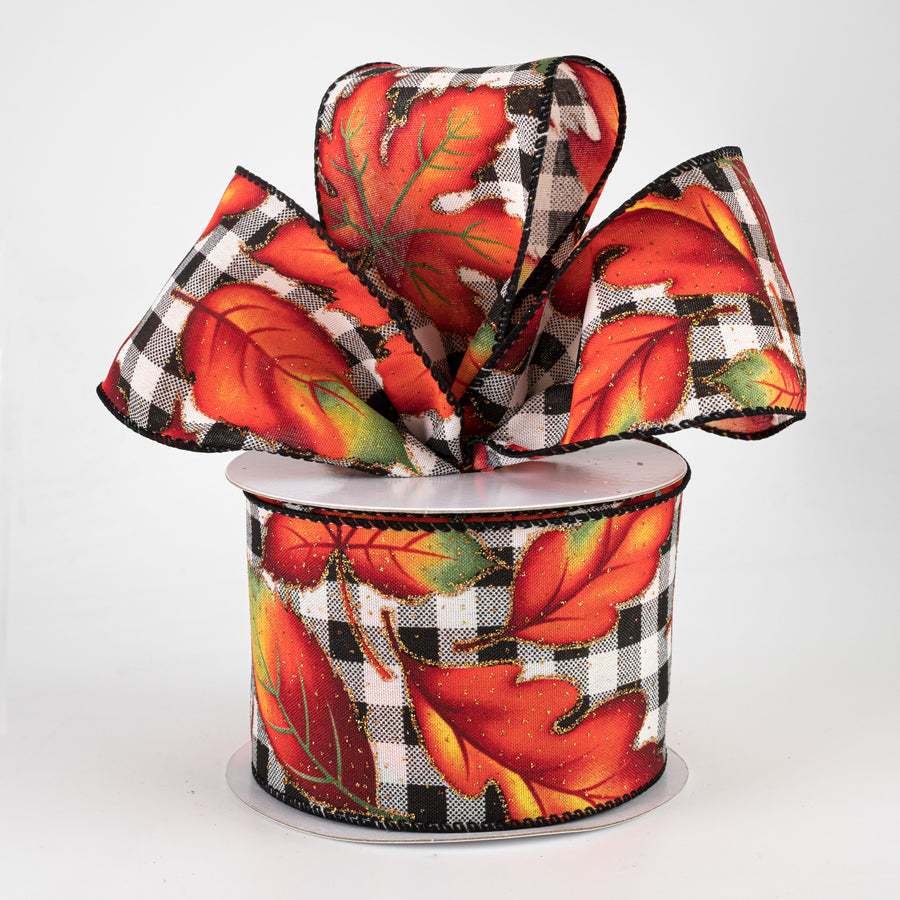 2.5" Fall Leaves On Check Ribbon: Black & Cream (10 Yards) Lifestyle Photo