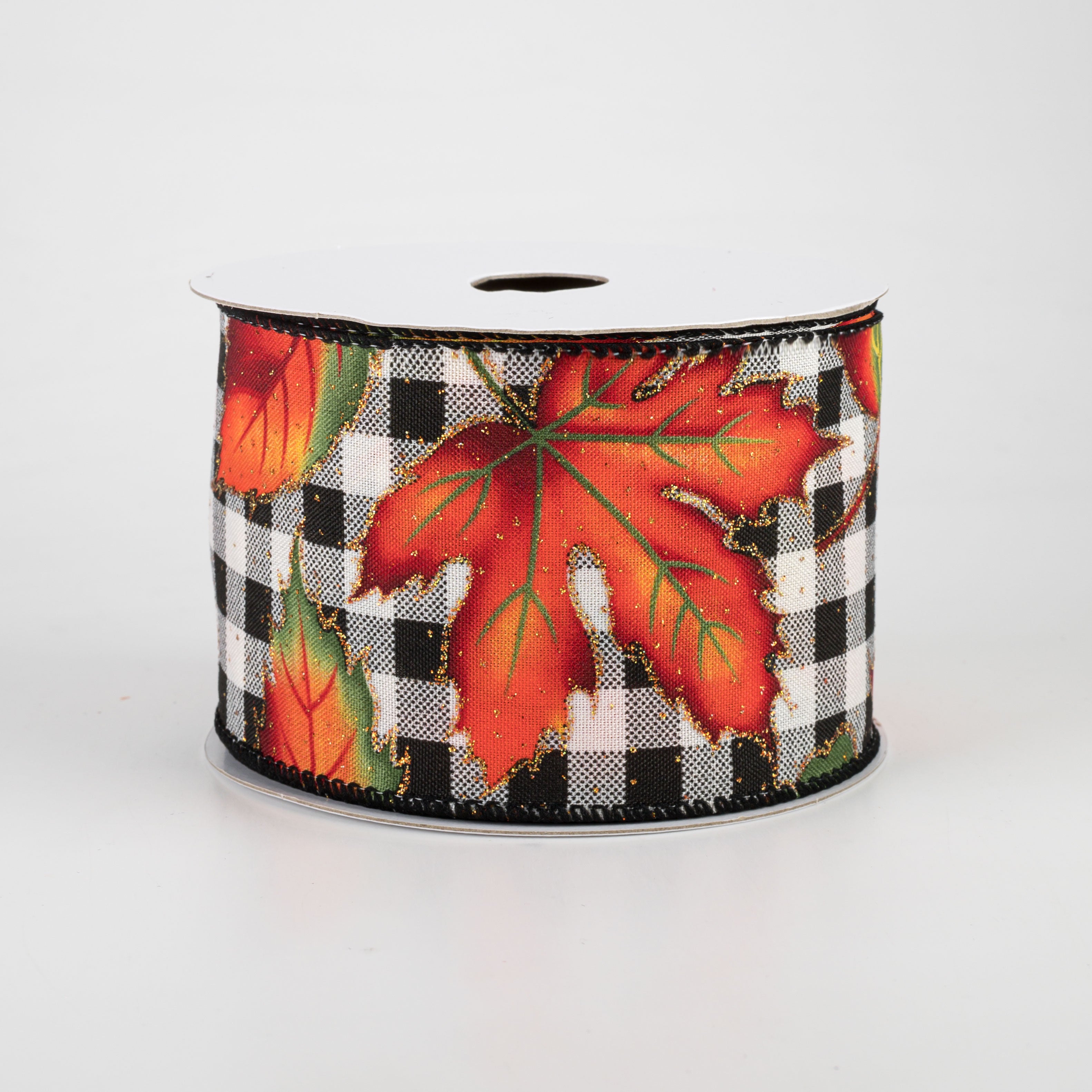 2.5" Fall Leaves On Check Ribbon: Black & Cream (10 Yards)