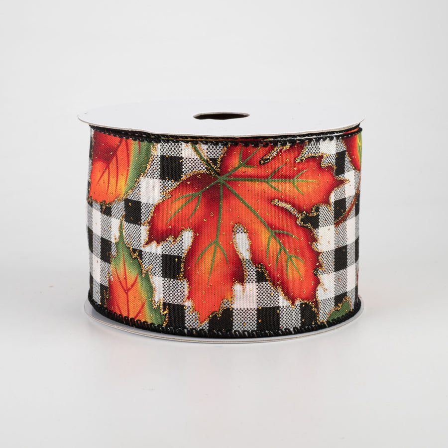 2.5" Fall Leaves On Check Ribbon: Black & Cream (10 Yards)