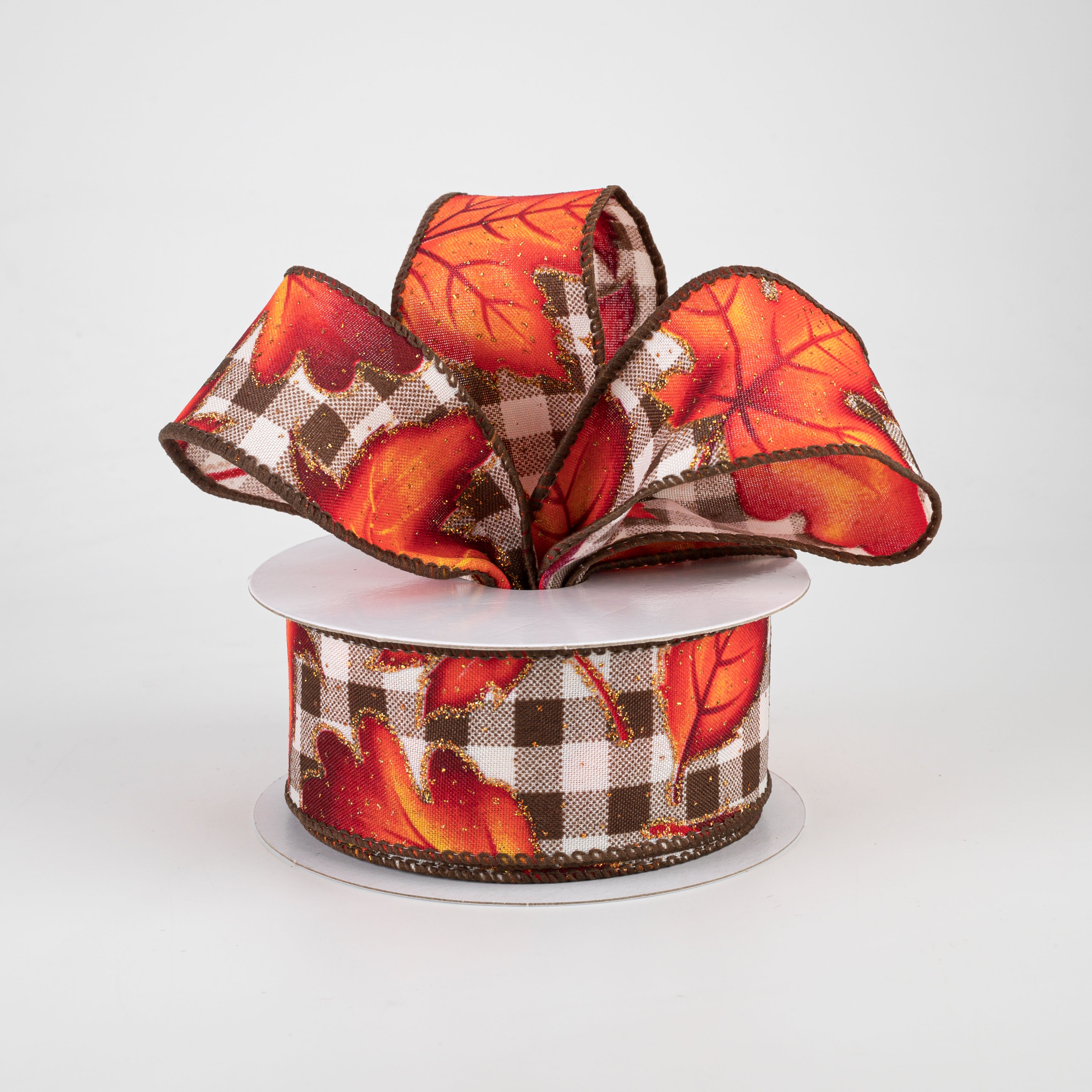 1.5" Fall Leaves On Check Ribbon: Brown & Cream (10 Yards) Lifestyle Photo