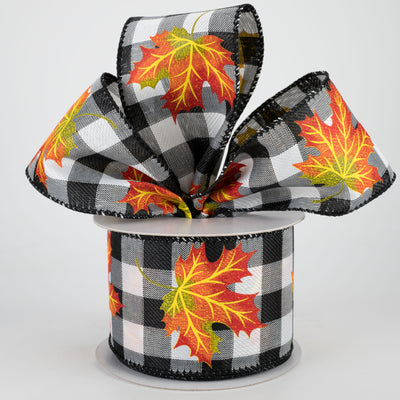 2.5" Fall Leaves Ribbon: Black & White Check (10 Yards) Lifestyle Photo
