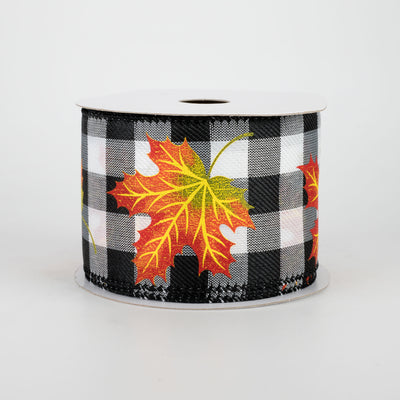 2.5" Fall Leaves Ribbon: Black & White Check (10 Yards)