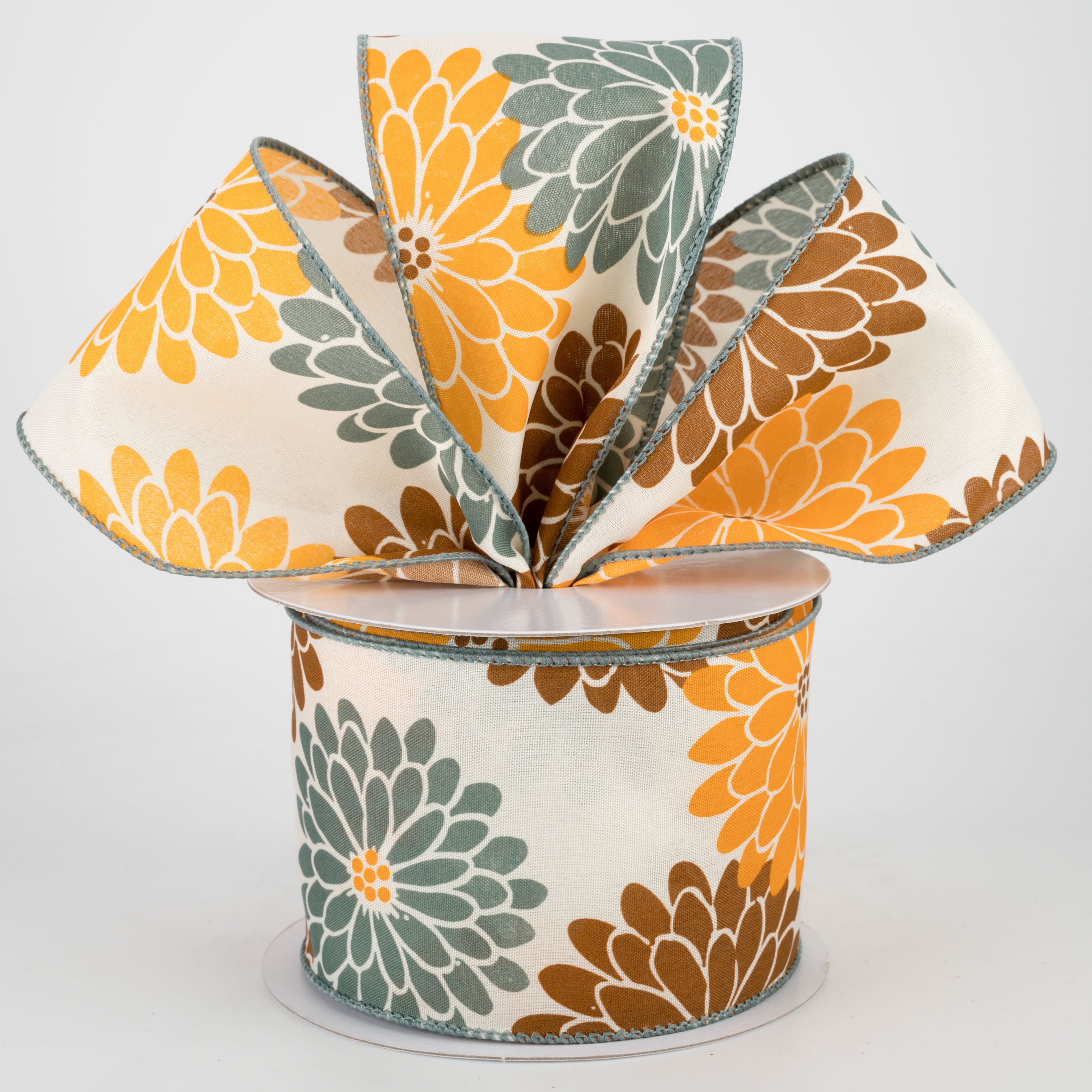 2.5" Fall Mums Ribbon: Ivory, Brown, Blue, Orange (10 Yards) Lifestyle Photo