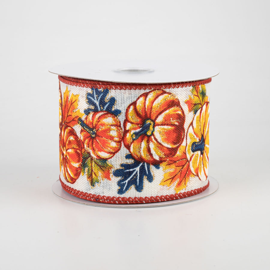 2.5" Fall Pumpkin Blue Leaves Linen Ribbon (10 Yards)