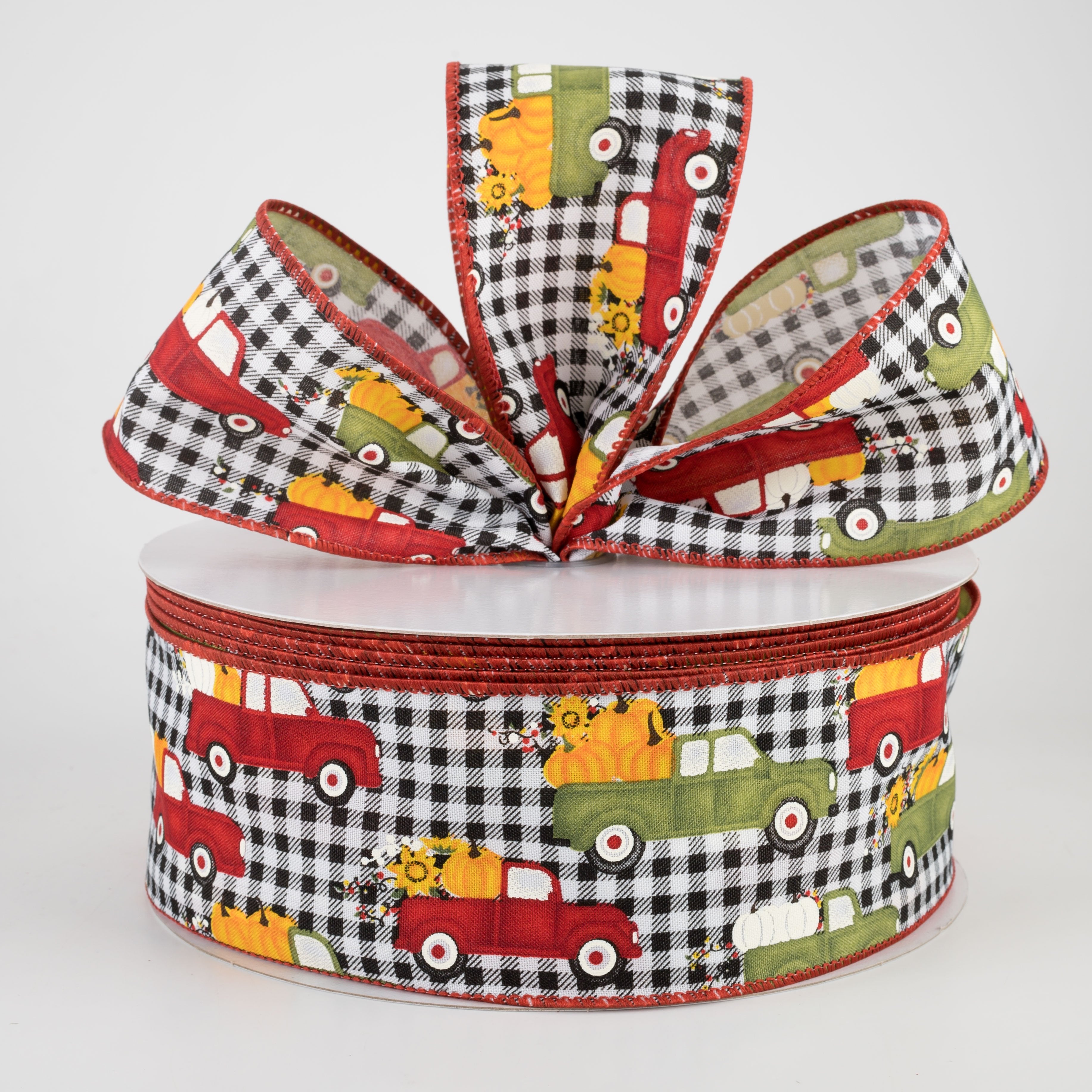 2.5" Fall Pumpkin Trucks Ribbon: Black & White Buffalo Plaid (50 Yards) Lifestyle Photo