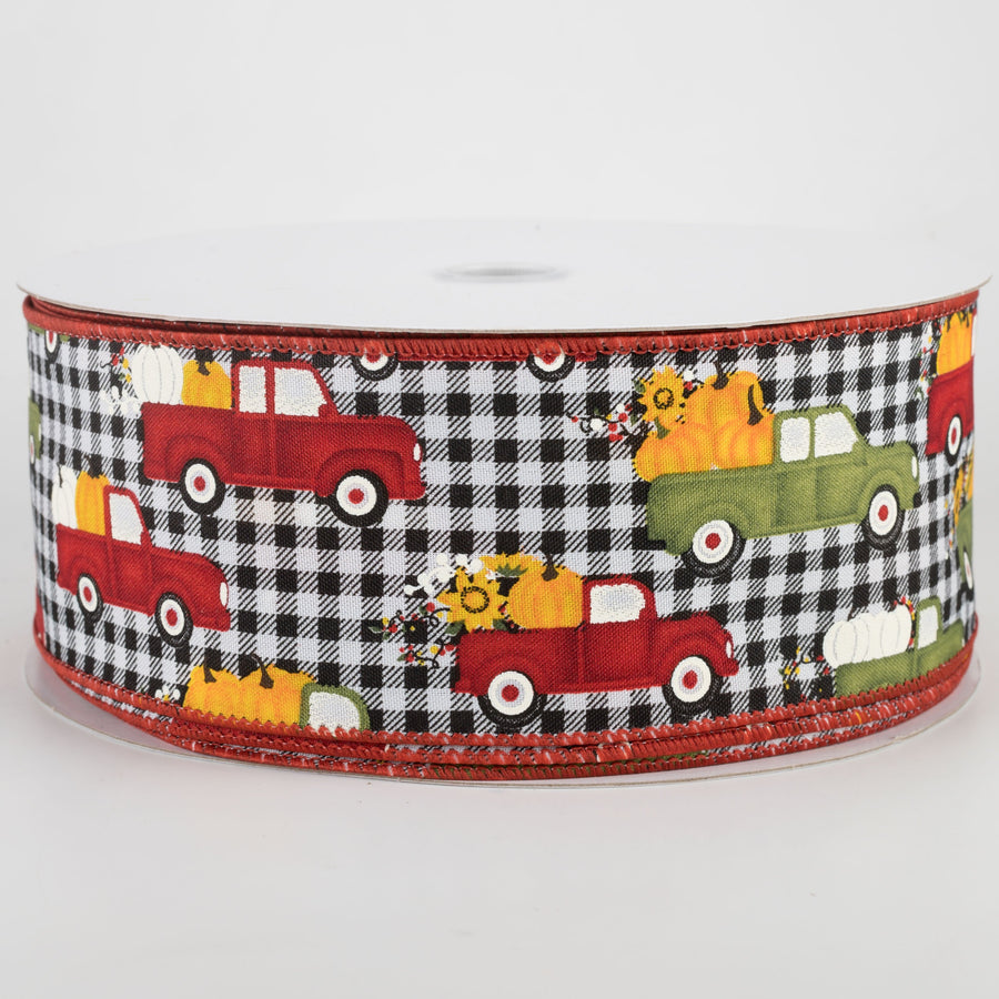 2.5" Fall Pumpkin Trucks Ribbon: Black & White Buffalo Plaid (50 Yards) Item Number: 861-40-169