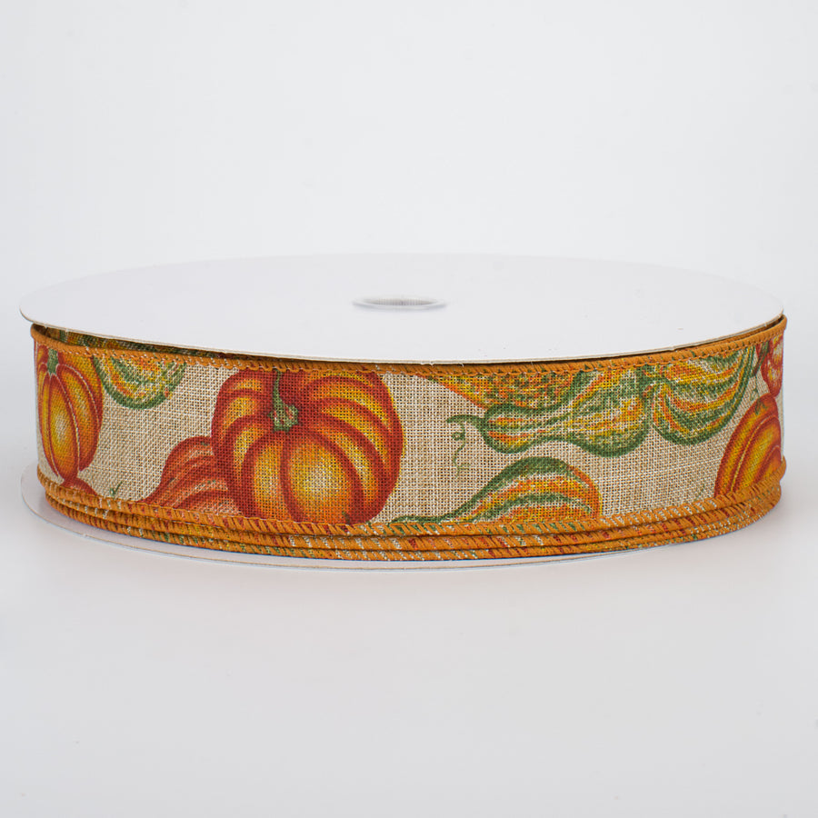 1.5" Fall Pumpkins & Gourds Ribbon: Natural (50 Yards)