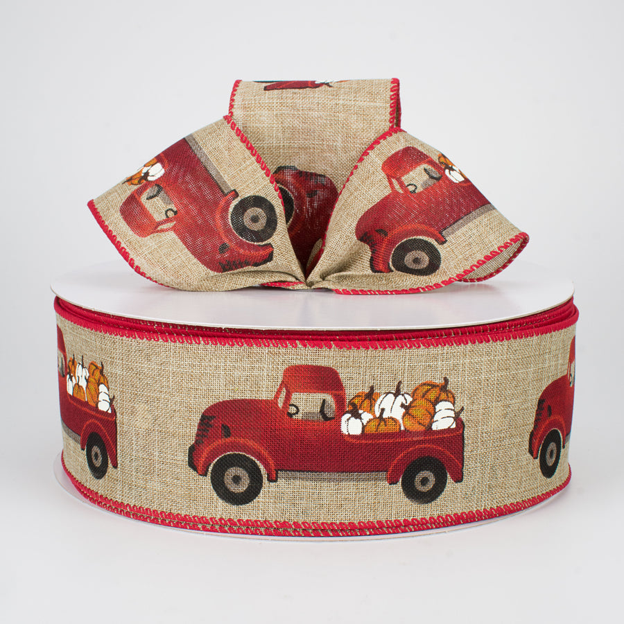 2.5" Fall Red Truck with Pumpkins Ribbon (50 Yards) Lifestyle Photo