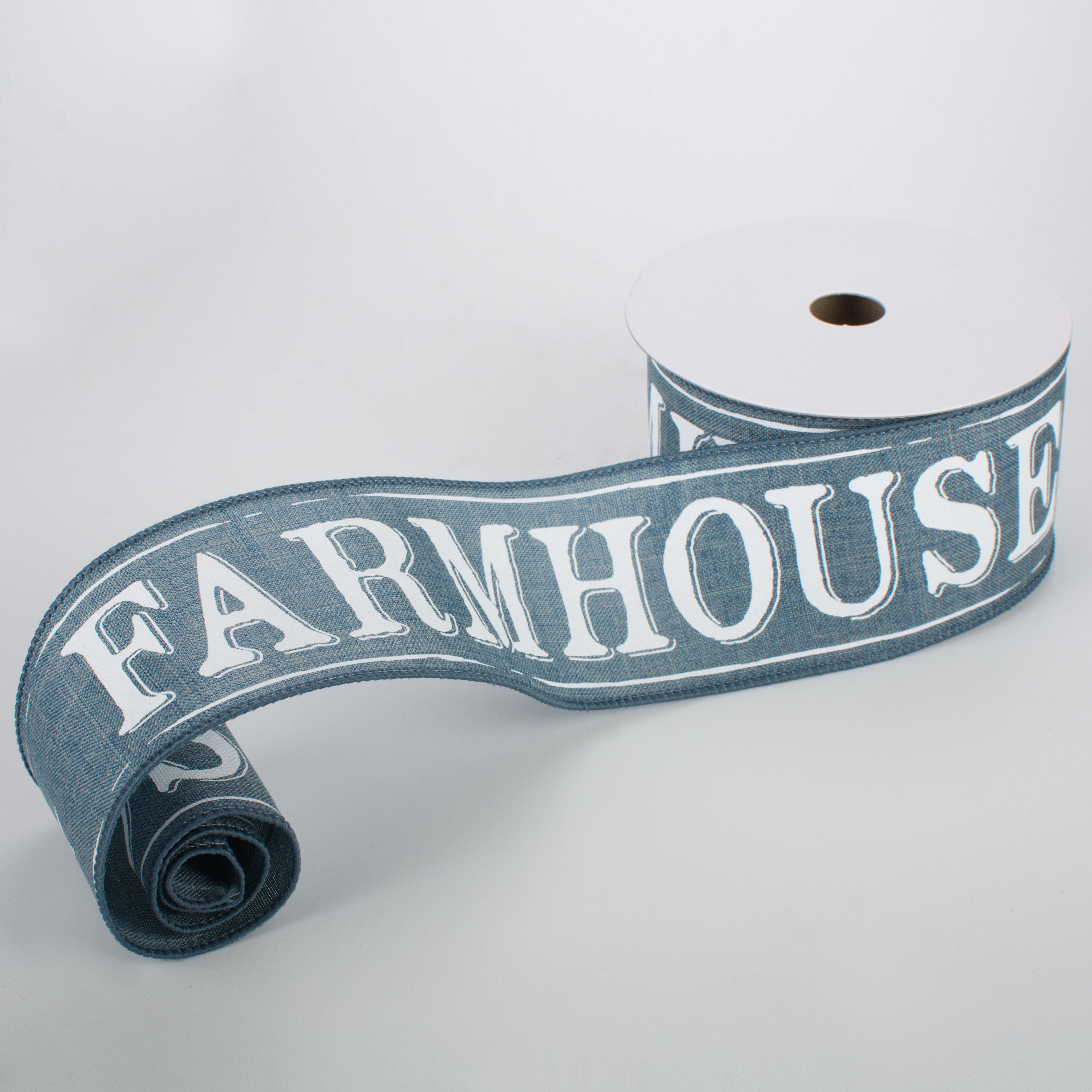 2.5" Farmhouse Ribbon: Faded Denim & White (10 Yards) Lifestyle Photo