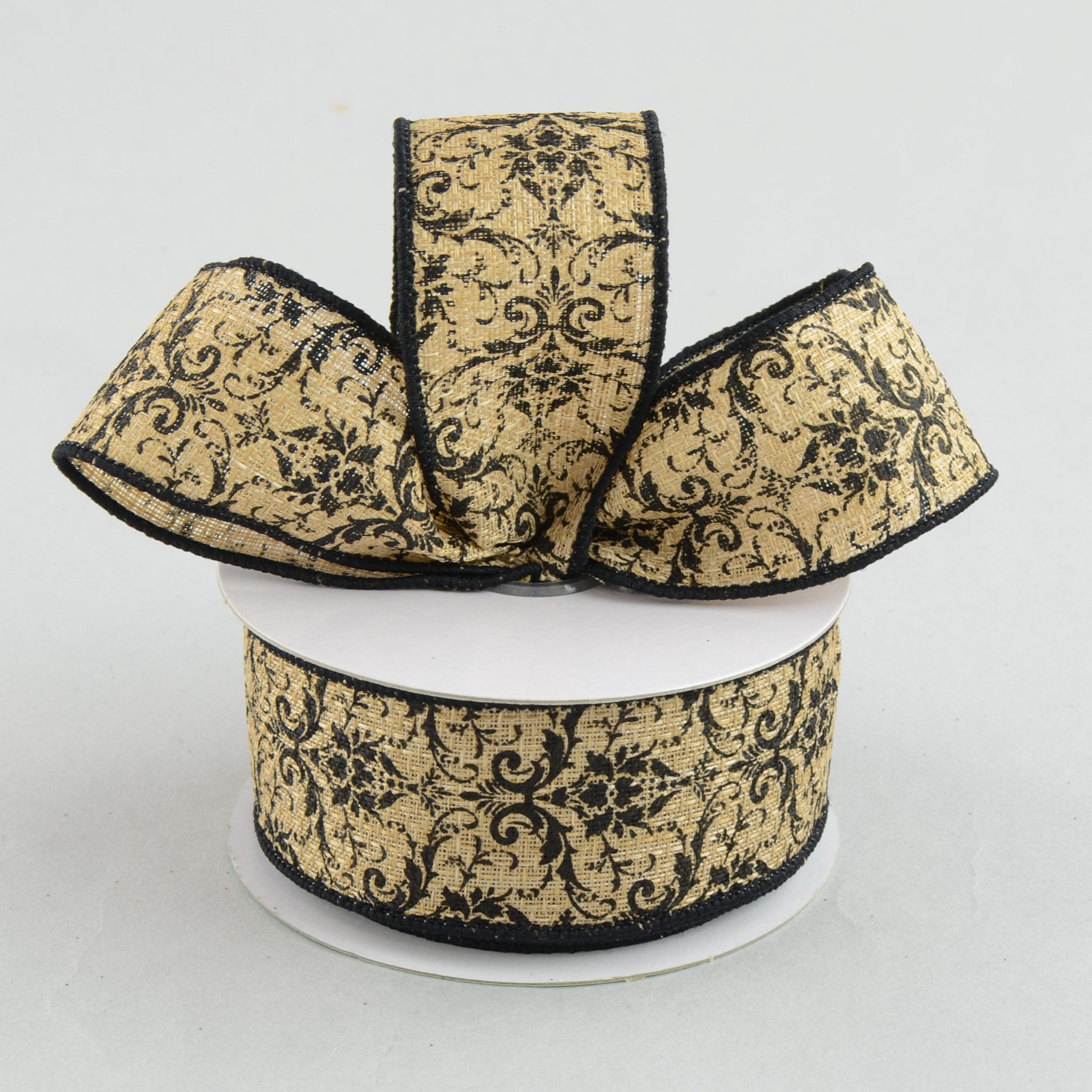 1.5" Faux Burlap Black Damask Print Ribbon (10 Yards) Lifestyle Photo
