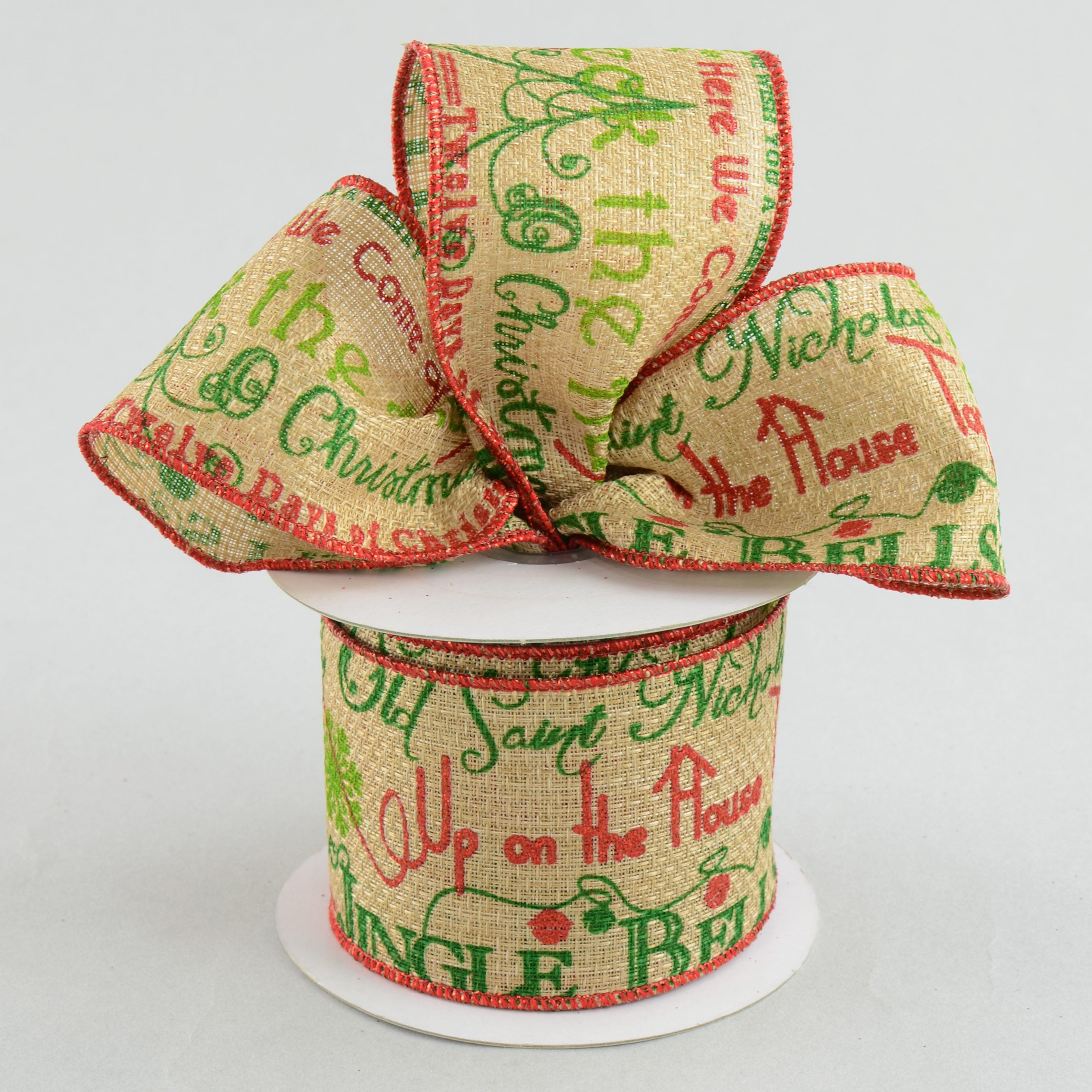 2.5" Faux Burlap Christmas Songs Ribbon: Red & Green (10 Yards) Lifestyle Photo