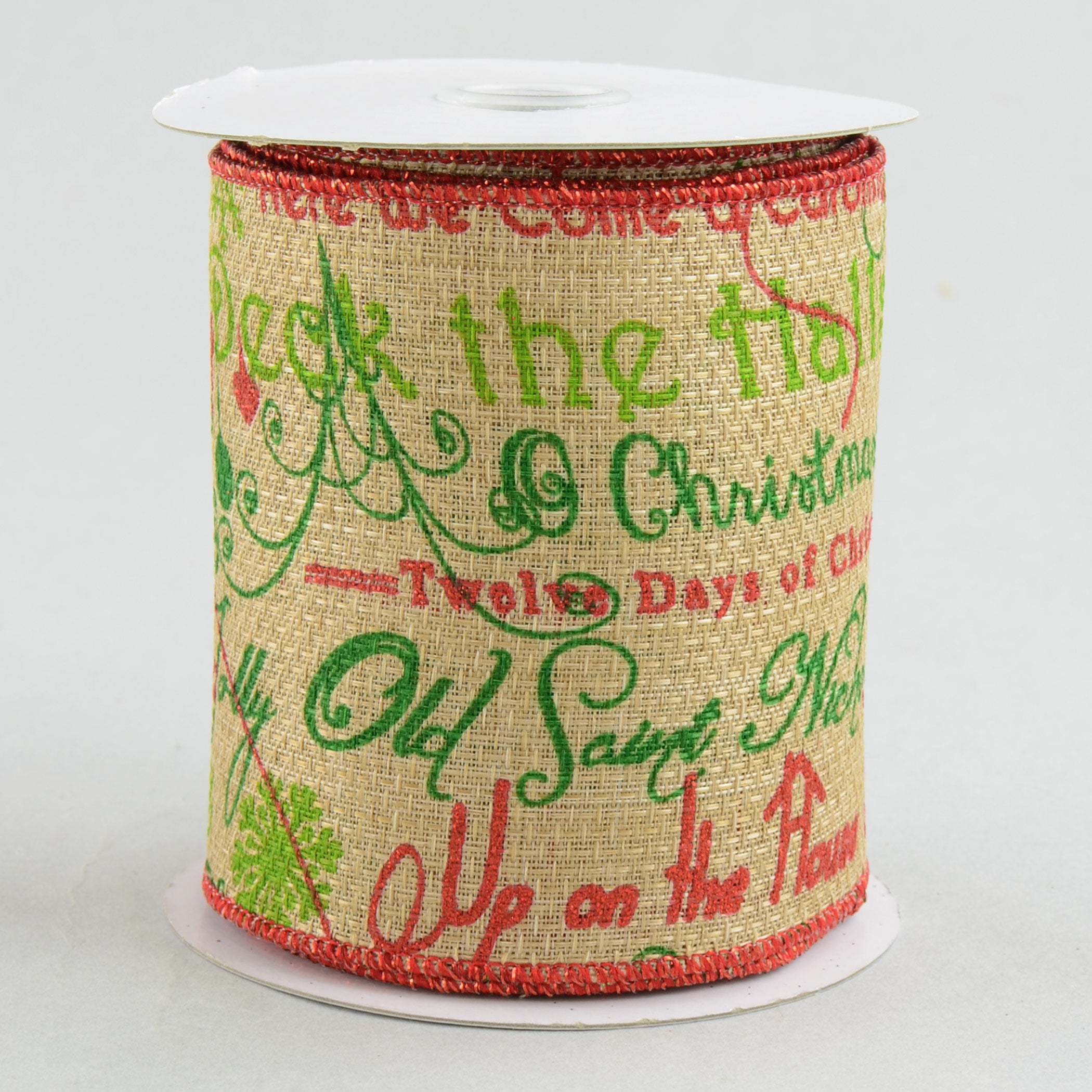 4" Faux Burlap Christmas Songs Ribbon: Red & Green (10 Yards)