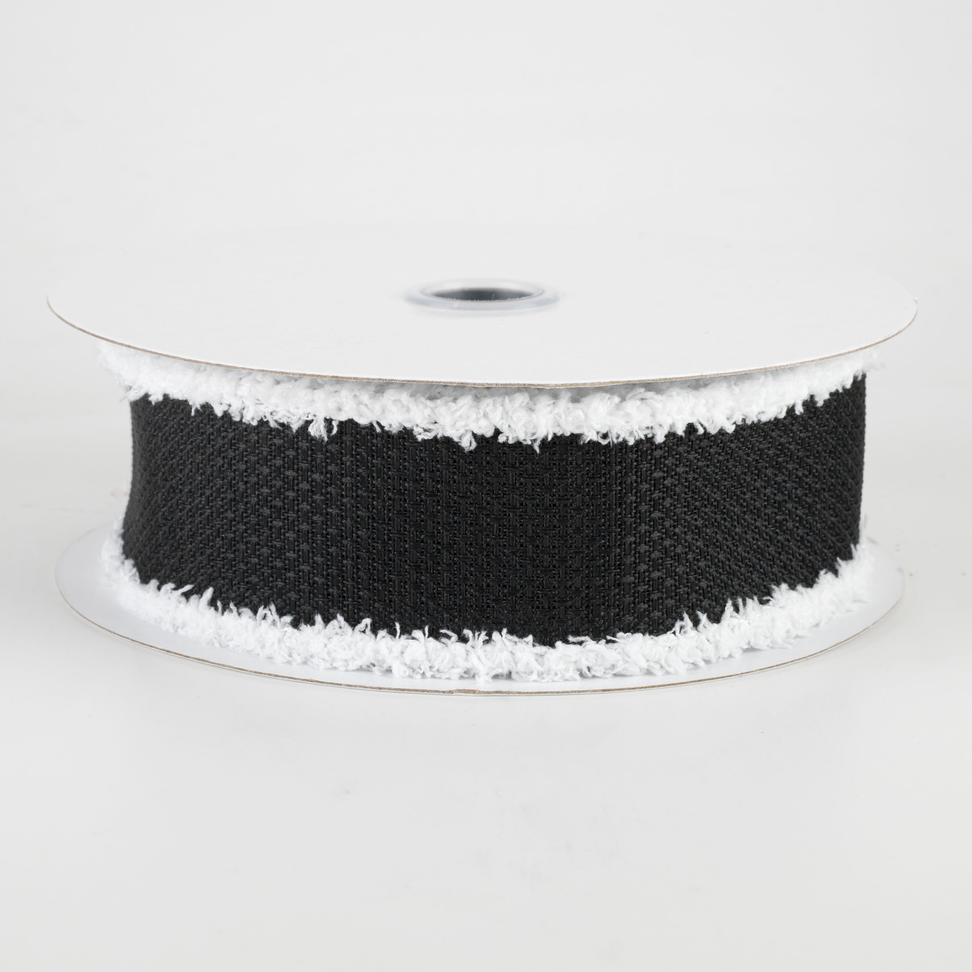 1.5" Faux Burlap Fuzzy Edge Ribbon: Black & White (10 Yards)
