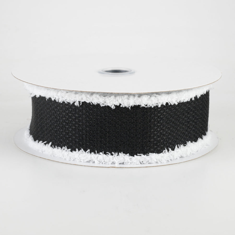 1.5" Faux Burlap Fuzzy Edge Ribbon: Black & White (10 Yards)