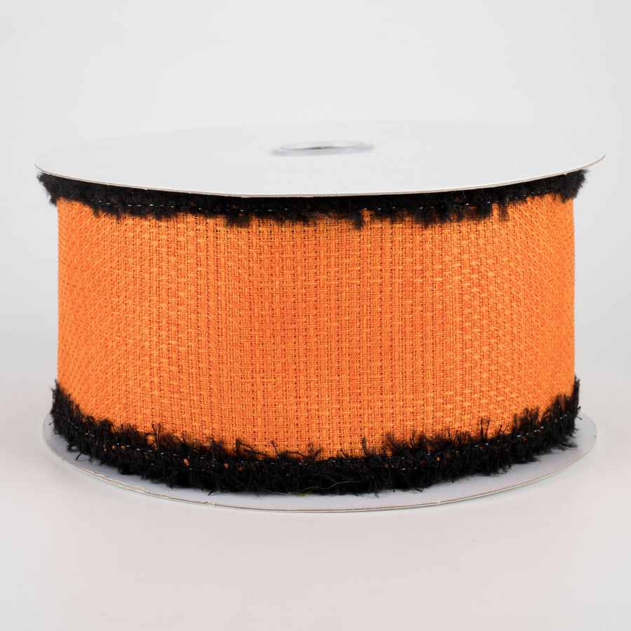 2.5" Faux Burlap Fuzzy Edge Ribbon: Orange, Black (10 Yards)