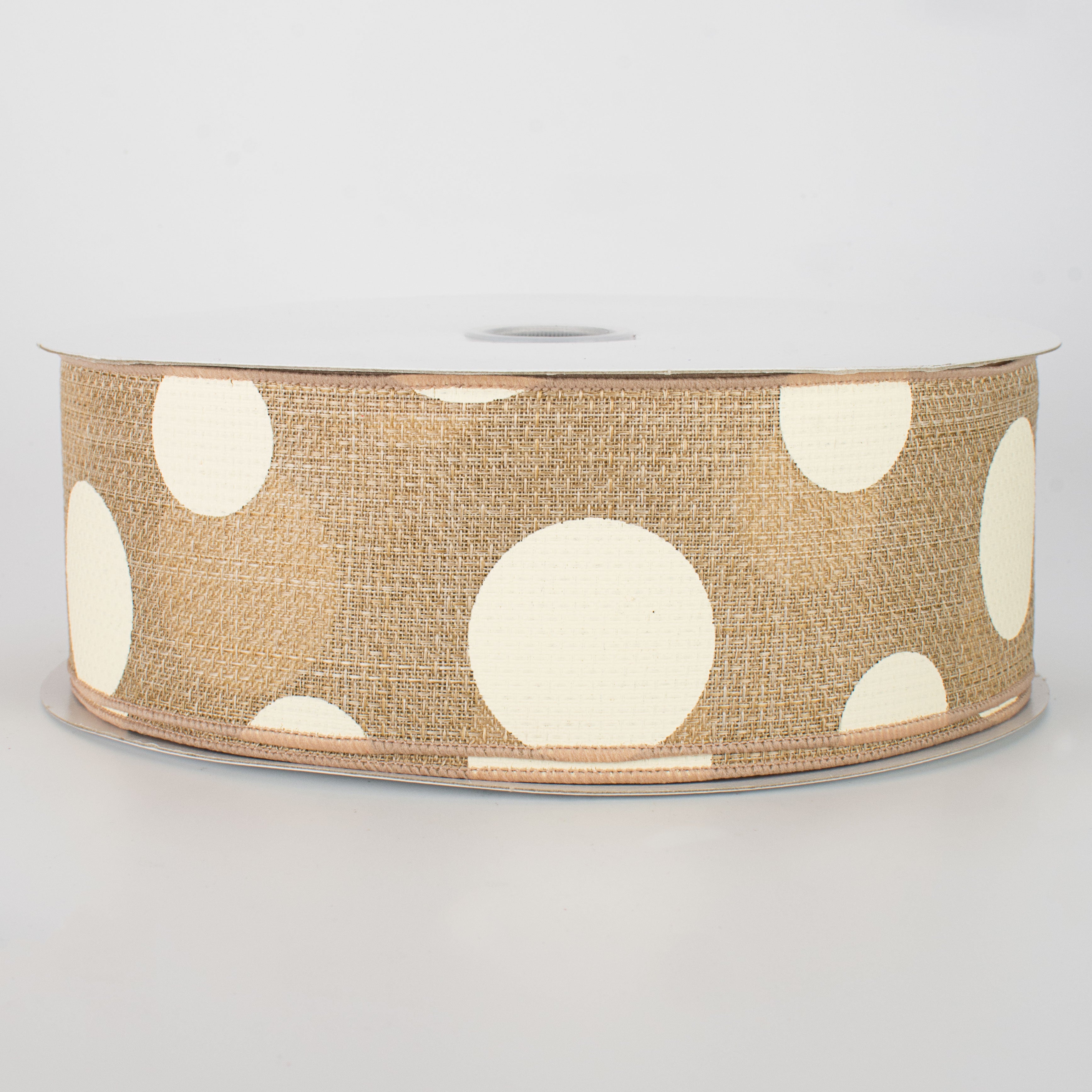 2.5" Faux Burlap Giant Polka Dot Ribbon: Beige & Ivory (50 Yards)