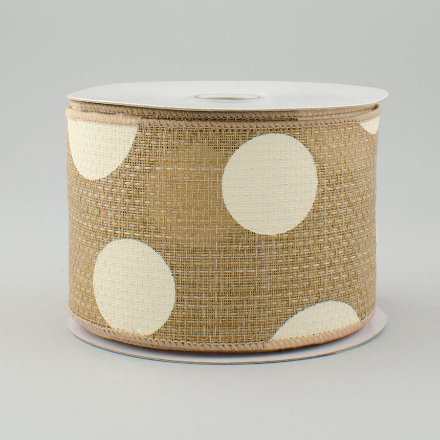 2.5" Faux Burlap Giant Polka Dot Ribbon: Beige & Ivory (10 Yards)