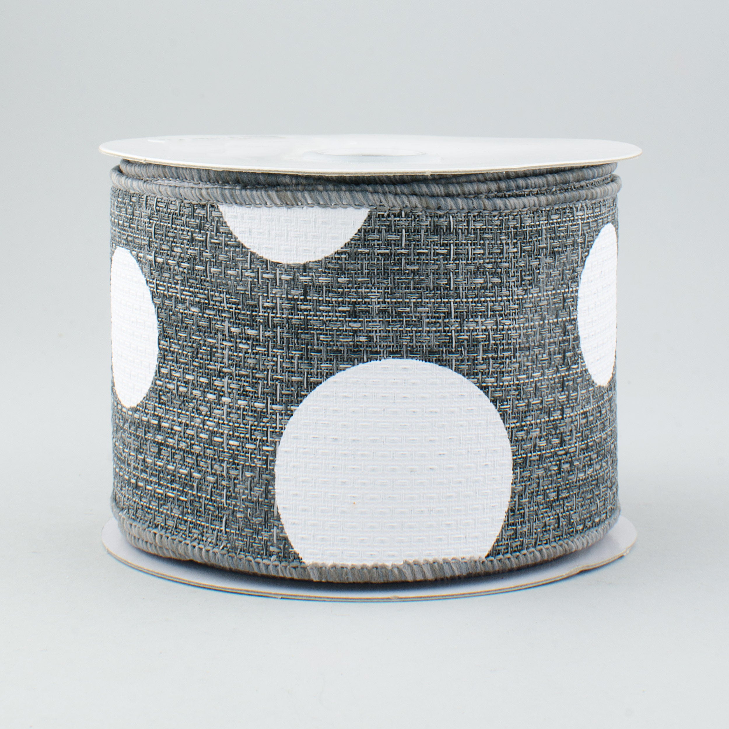2.5" Faux Burlap Giant Polka Dot Ribbon: Grey & White (10 Yards)