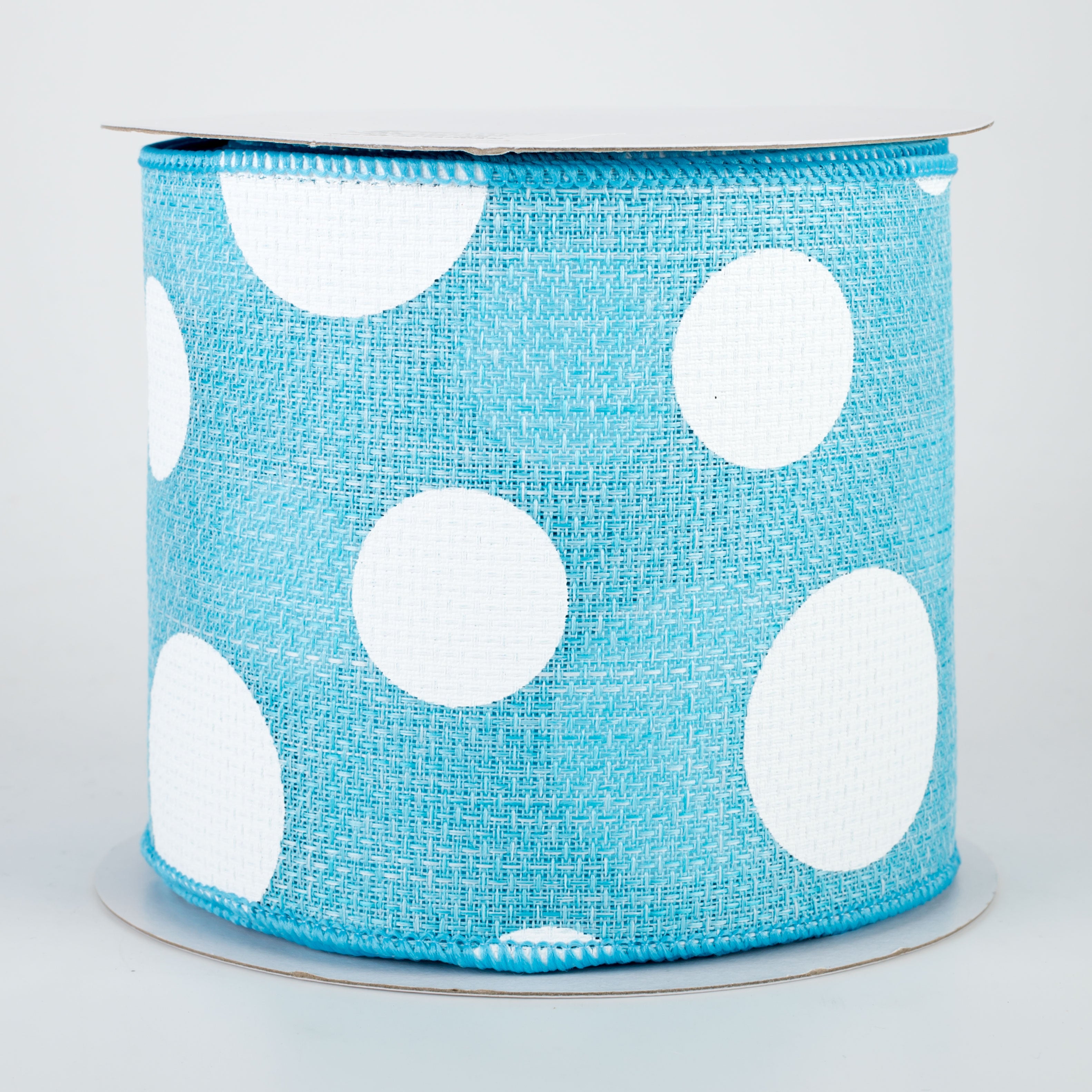 4" Faux Burlap Giant Polka Dot Ribbon: Light Blue & White (10 Yards)